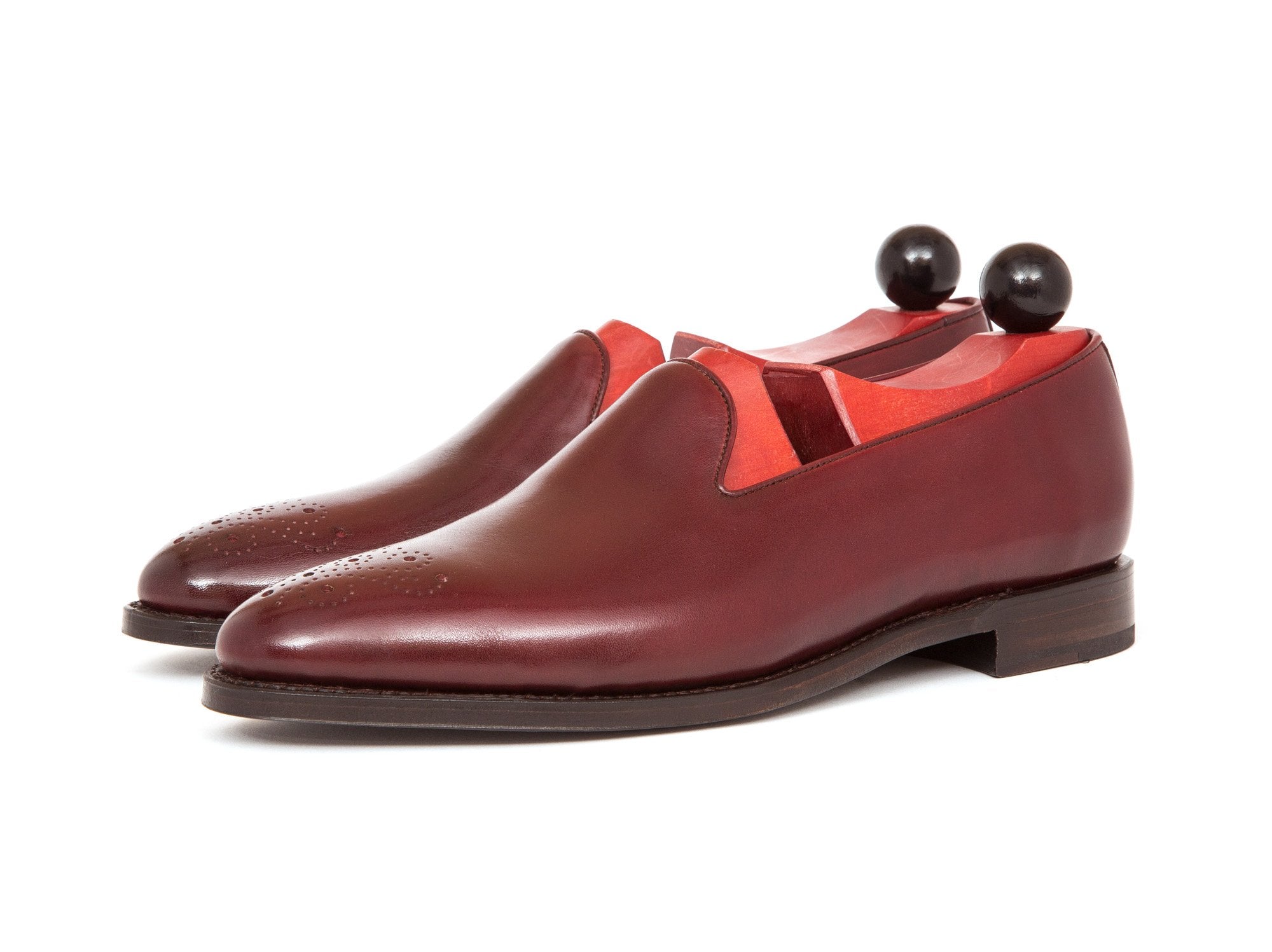 Laurelhurst - MTO - Burgundy Calf - TMG Last - Single Leather Sole-Made To Order Slipper Loafer Medallion-J.FitzPatrick Footwear