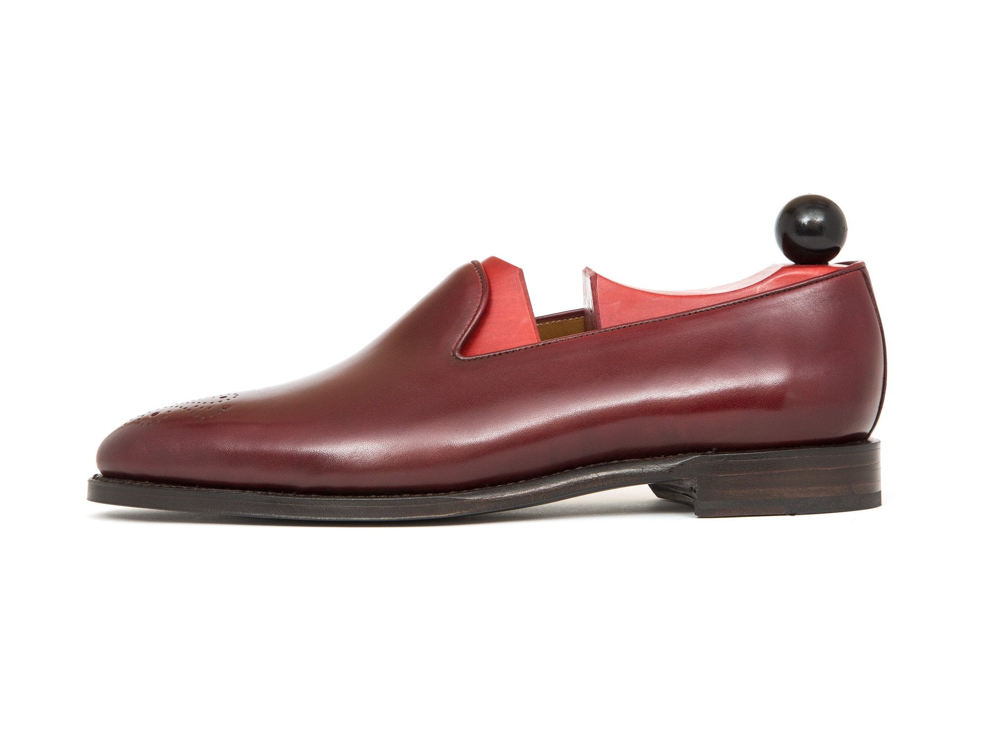 Laurelhurst - MTO - Burgundy Calf - TMG Last - Single Leather Sole-Made To Order Slipper Loafer Medallion-J.FitzPatrick Footwear