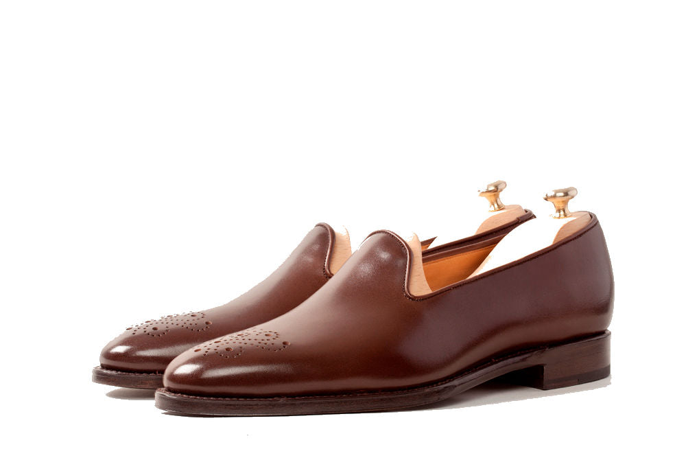 Laurelhurst - MTO - Chocolate Calf - TMG Last - Single Leather Sole-Made To Order Slipper Loafer Medallion-J.FitzPatrick Footwear