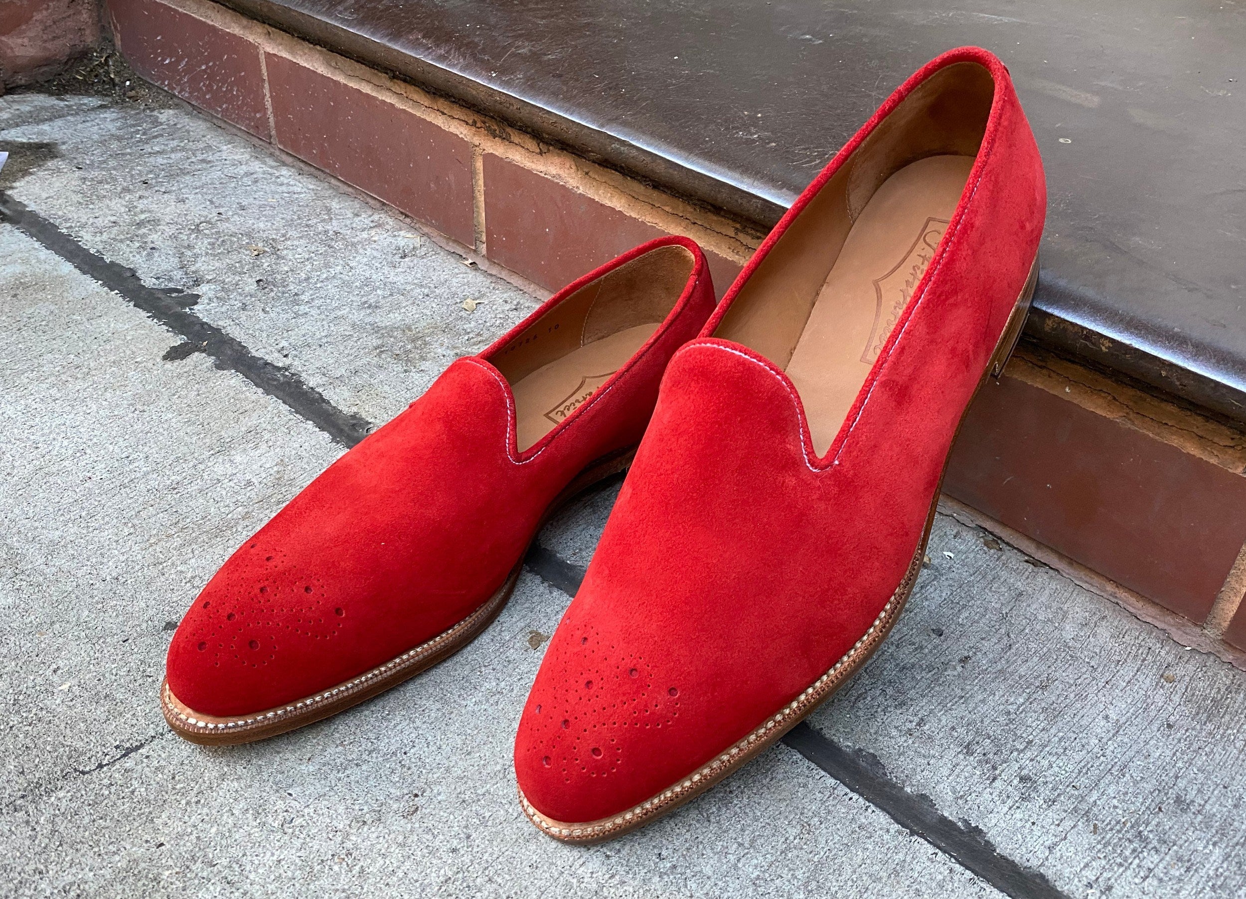 Laurelhurst - MTO - Red Suede - TMG Last - Natural Sole-Made To Order Slipper Loafer Medallion-J.FitzPatrick Footwear