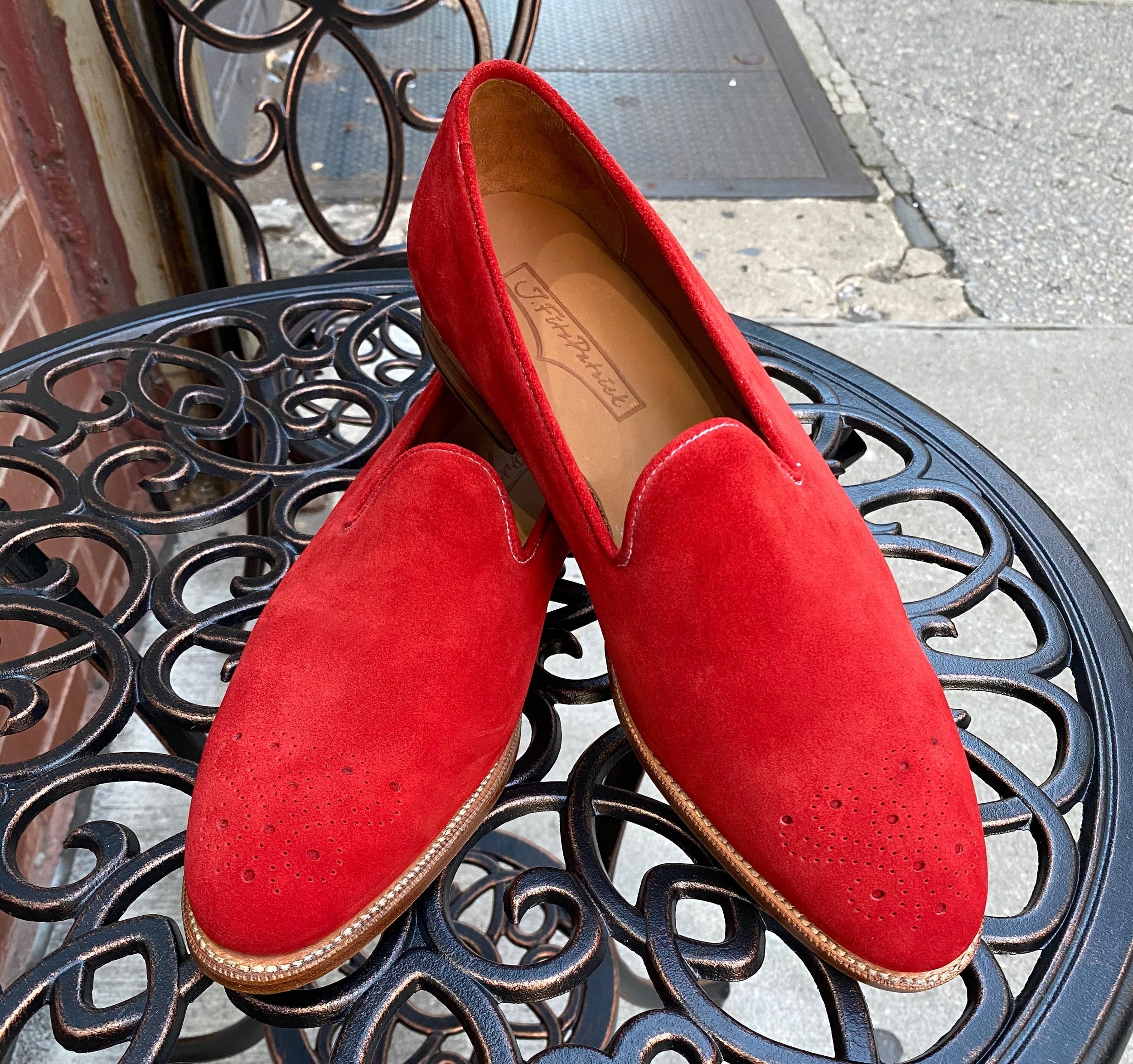 Laurelhurst - MTO - Red Suede - TMG Last - Natural Sole-Made To Order Slipper Loafer Medallion-J.FitzPatrick Footwear