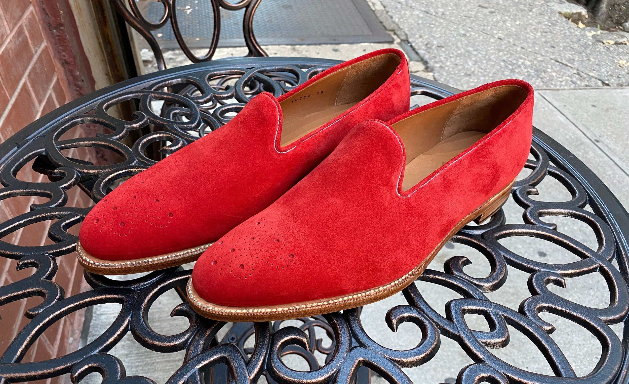 Laurelhurst - MTO - Red Suede - TMG Last - Natural Sole-Made To Order Slipper Loafer Medallion-J.FitzPatrick Footwear