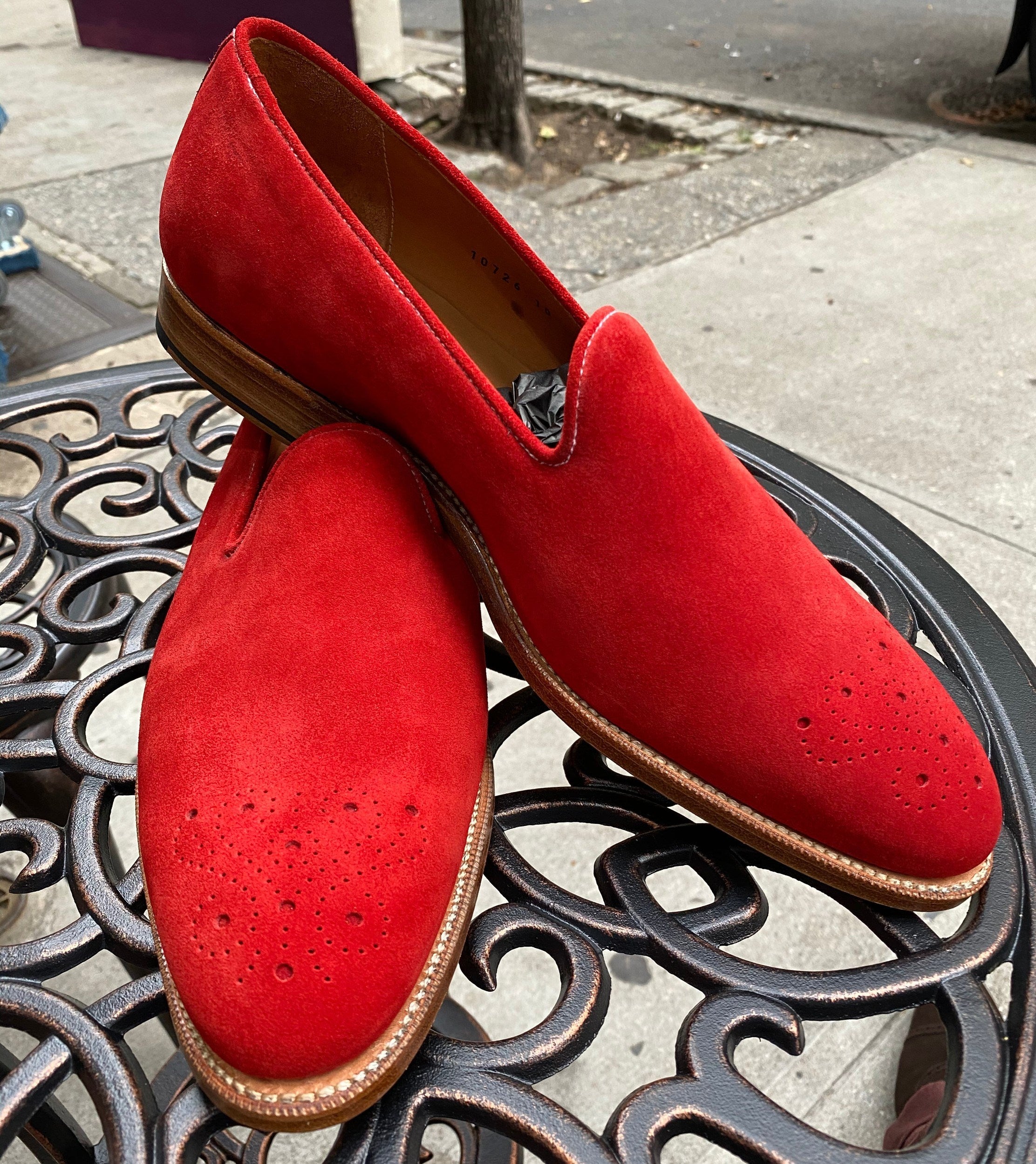 Laurelhurst - MTO - Red Suede - TMG Last - Natural Sole-Made To Order Slipper Loafer Medallion-J.FitzPatrick Footwear