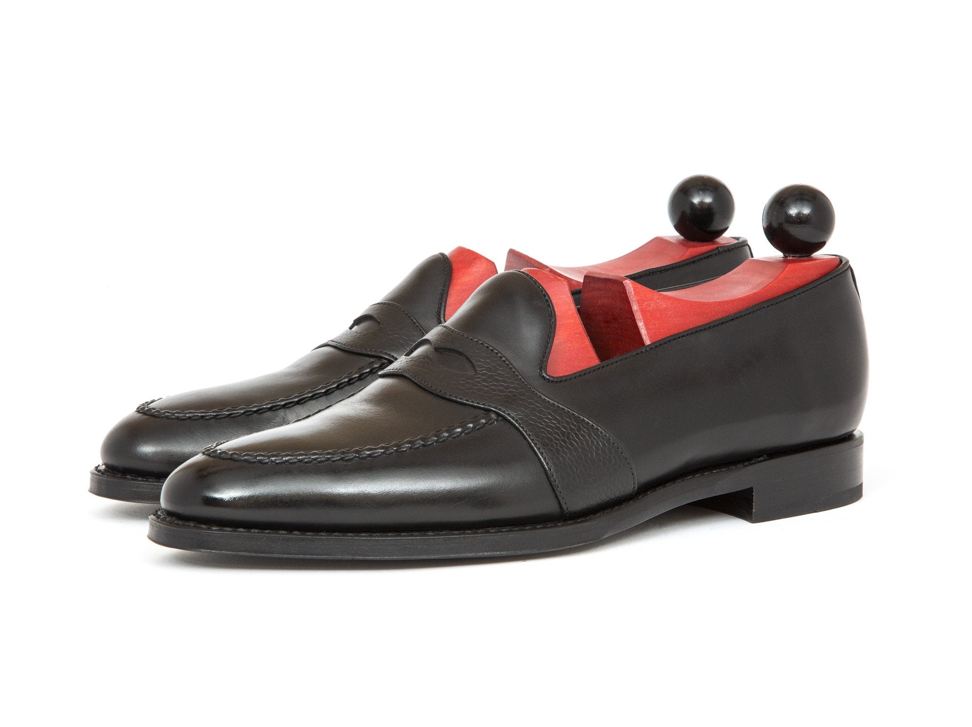 Madison - MTO - Black Calf / Black Soft Grain Strap - TMG Last - Single Leather Sole-Made To Order Penny Loafer Full Strap-J.FitzPatrick Footwear