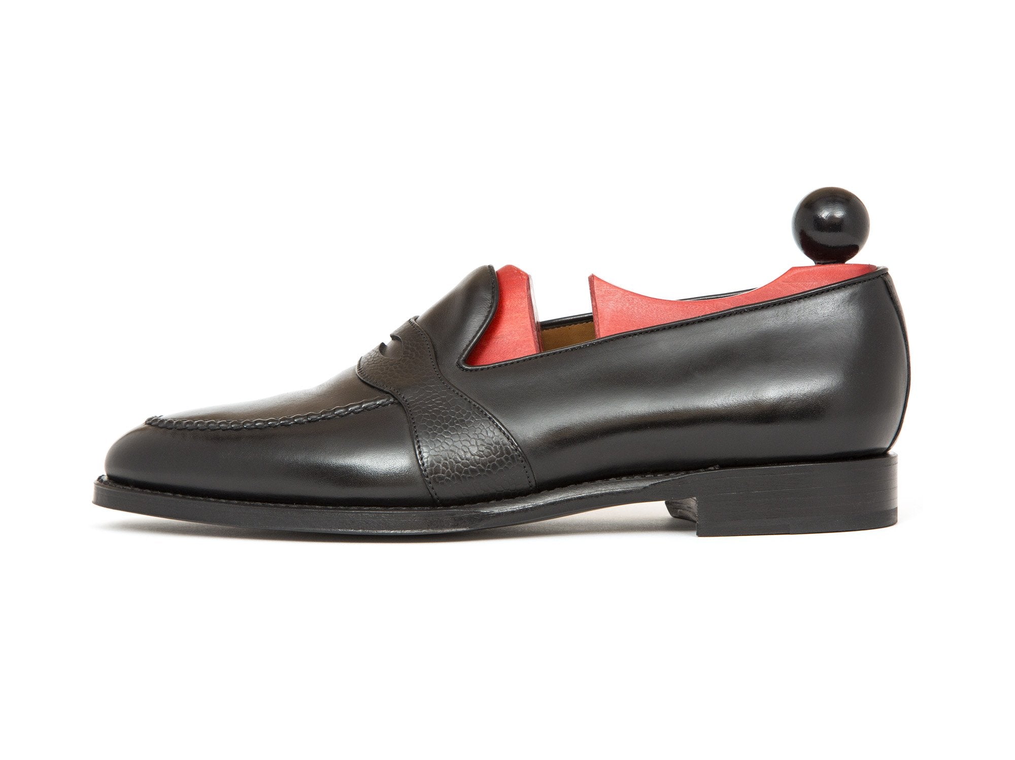 Madison - MTO - Black Calf / Black Soft Grain Strap - TMG Last - Single Leather Sole-Made To Order Penny Loafer Full Strap-J.FitzPatrick Footwear