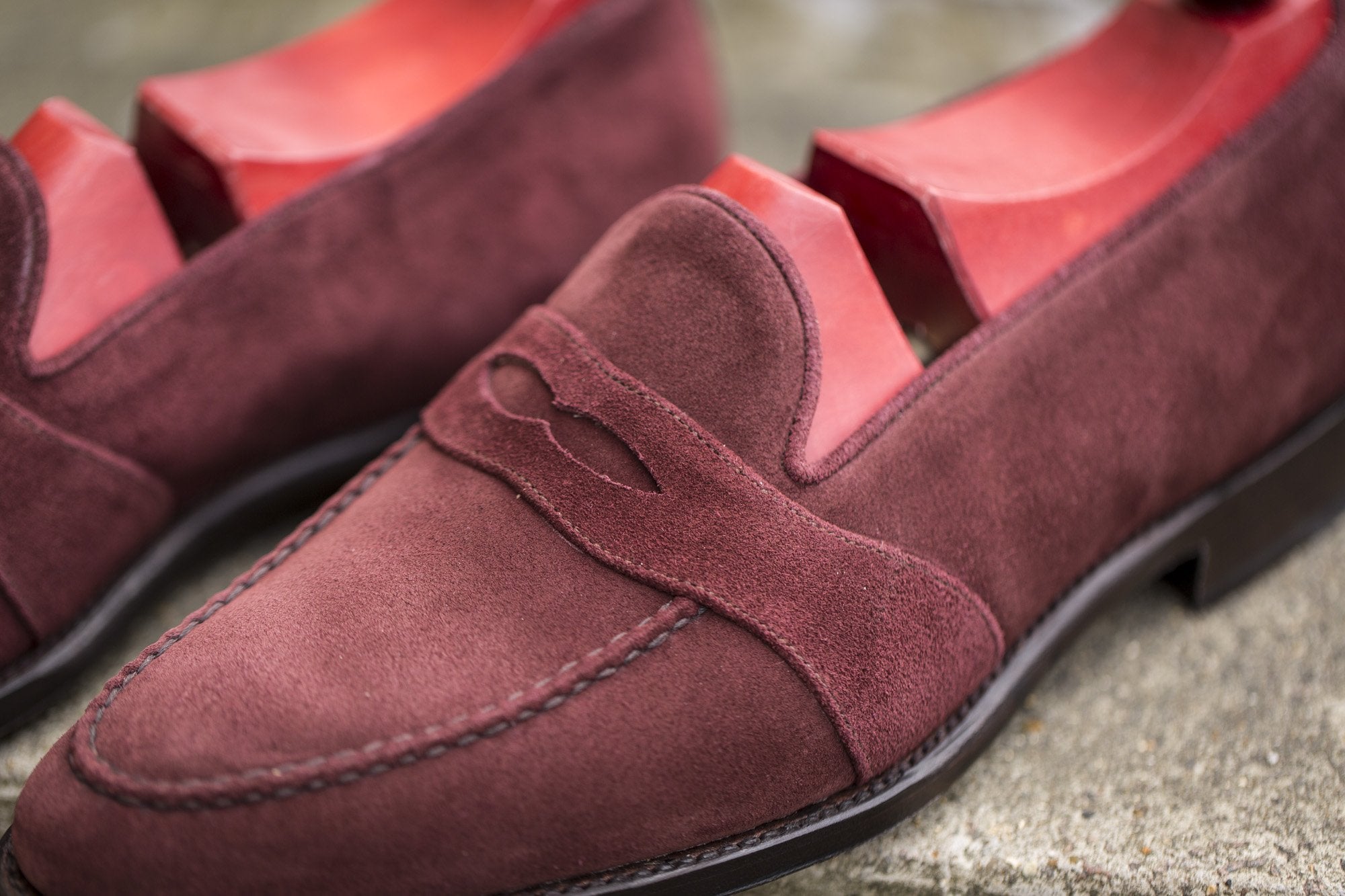 Madison - MTO - Burgundy Suede - TMG Last - Single Leather Sole-Made To Order Penny Loafer Full Strap-J.FitzPatrick Footwear