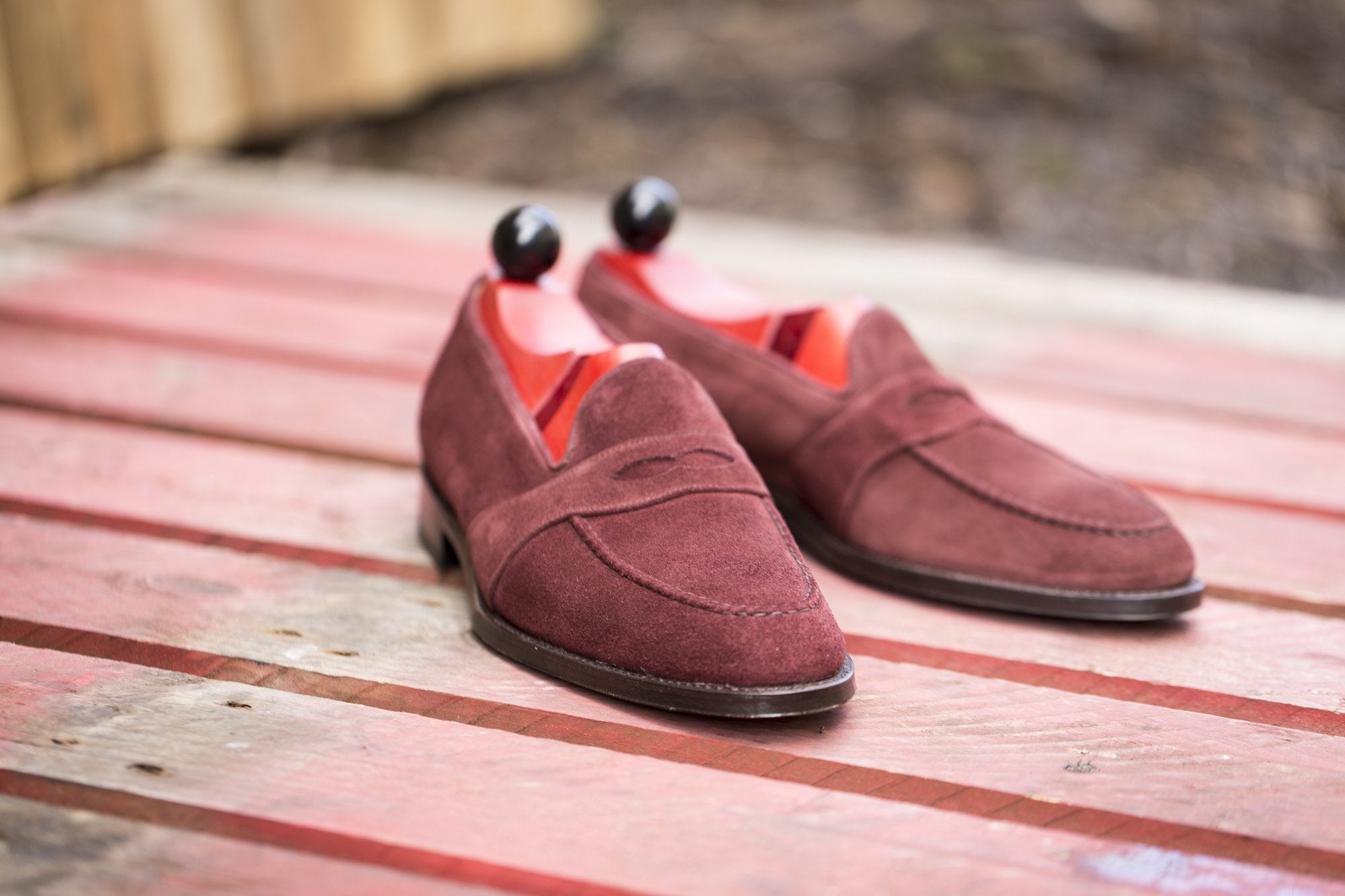 Madison - MTO - Burgundy Suede - TMG Last - Single Leather Sole-Made To Order Penny Loafer Full Strap-J.FitzPatrick Footwear