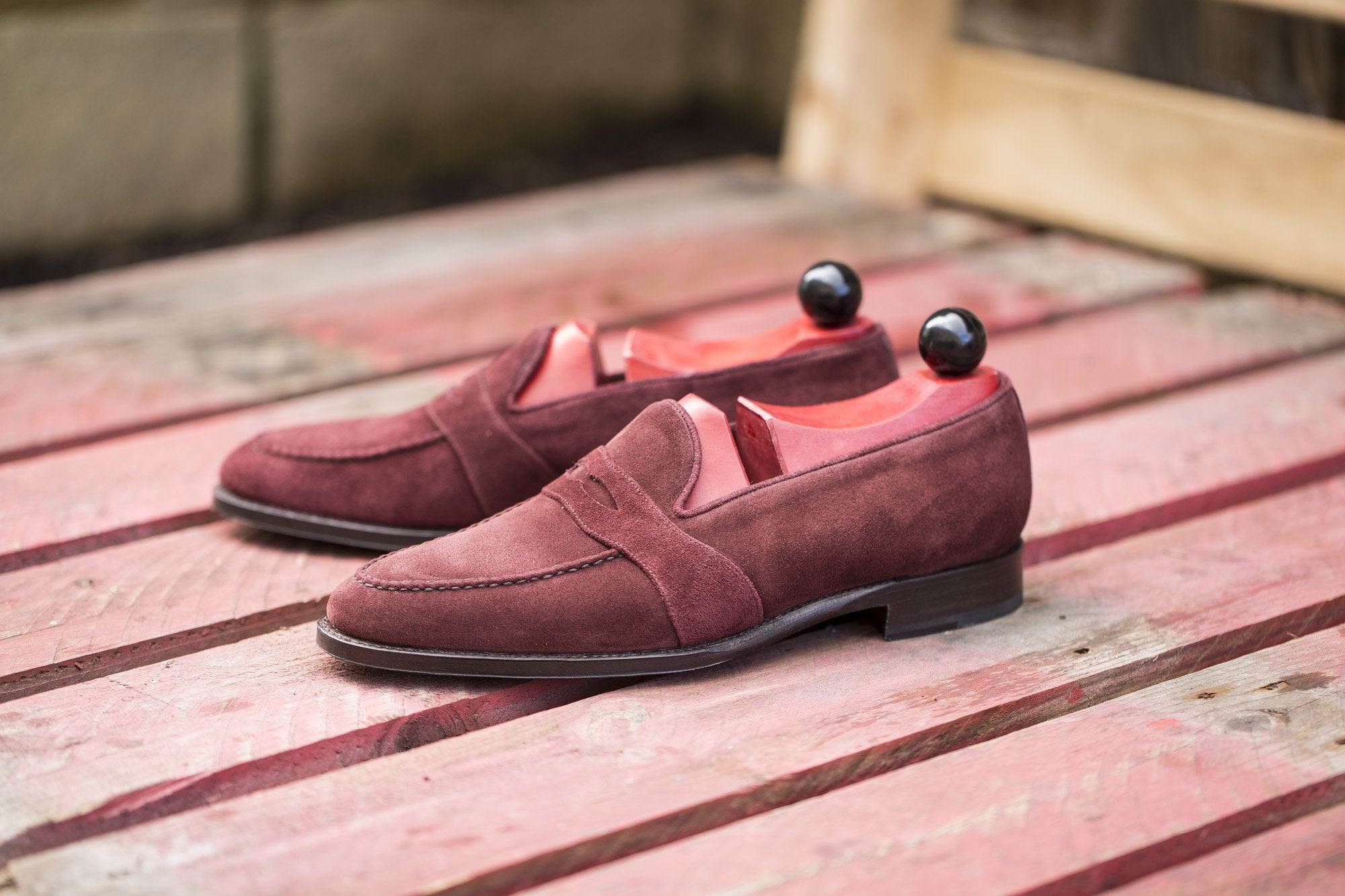 Madison - MTO - Burgundy Suede - TMG Last - Single Leather Sole-Made To Order Penny Loafer Full Strap-J.FitzPatrick Footwear