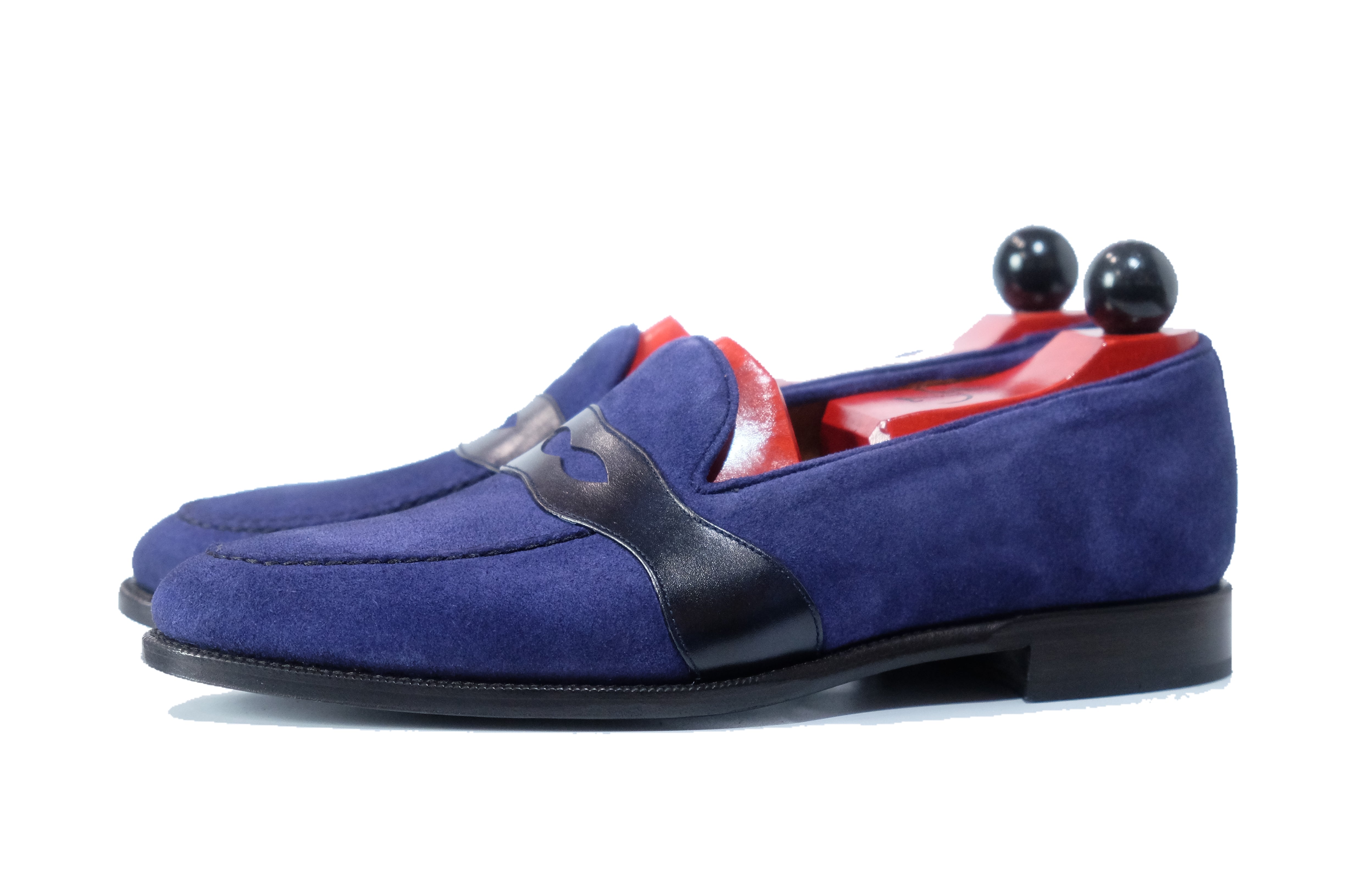 Madison - MTO - Medium Blue Suede / Blue Calf - TMG Last - Single Leather Sole-Made To Order Penny Loafer Full Strap-J.FitzPatrick Footwear