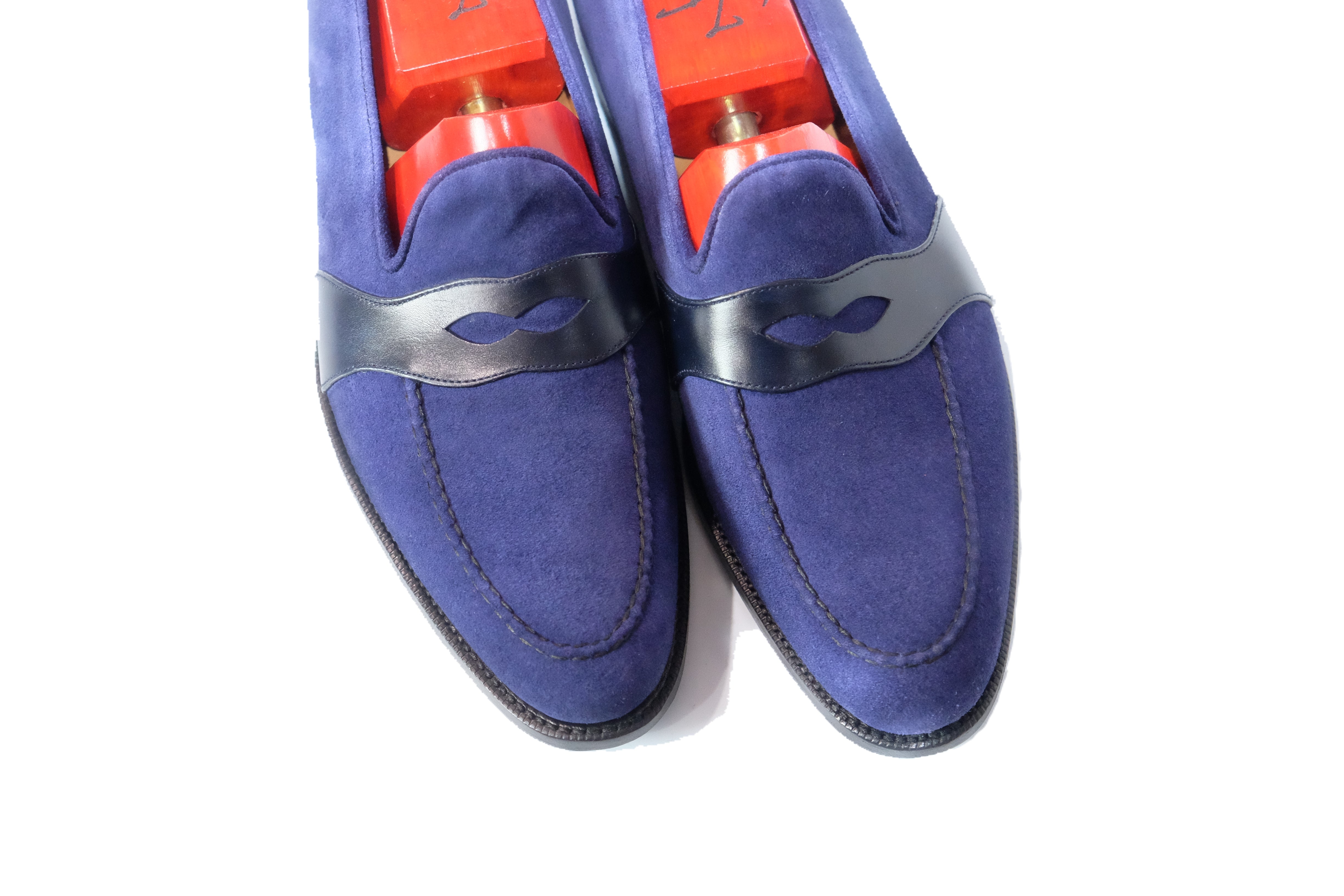 Madison - MTO - Medium Blue Suede / Blue Calf - TMG Last - Single Leather Sole-Made To Order Penny Loafer Full Strap-J.FitzPatrick Footwear