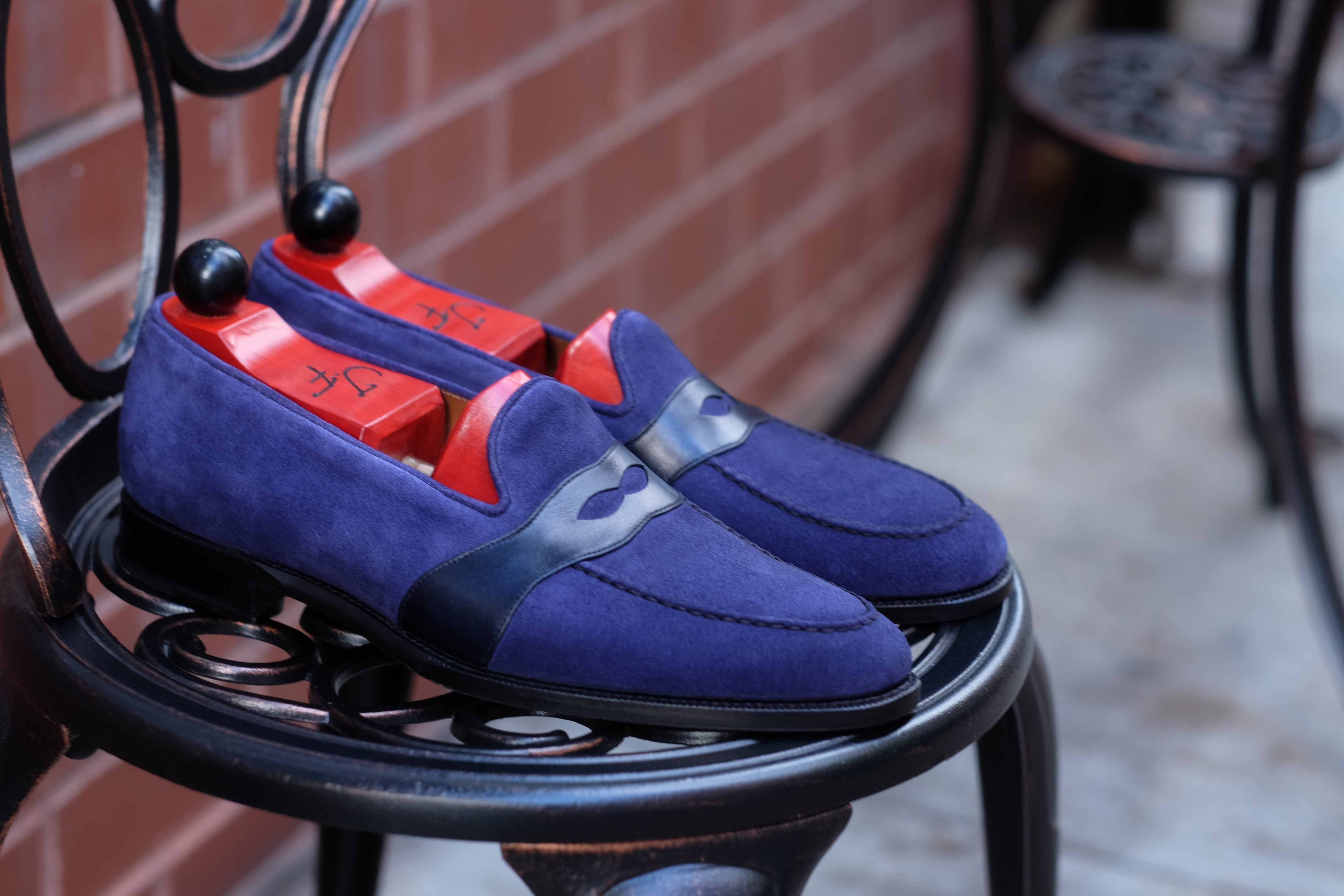 Madison - MTO - Medium Blue Suede / Blue Calf - TMG Last - Single Leather Sole-Made To Order Penny Loafer Full Strap-J.FitzPatrick Footwear