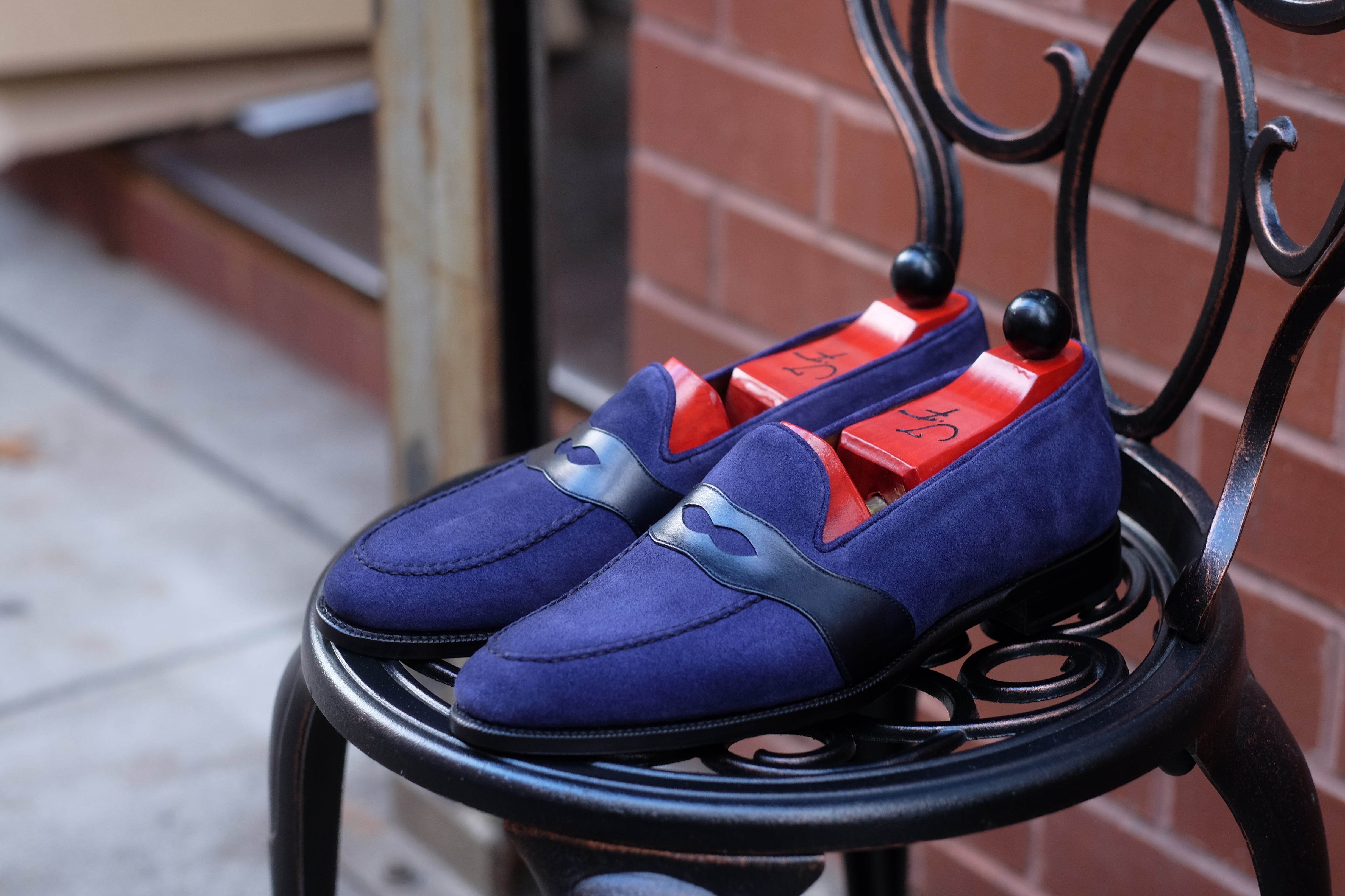 Madison - MTO - Medium Blue Suede / Blue Calf - TMG Last - Single Leather Sole-Made To Order Penny Loafer Full Strap-J.FitzPatrick Footwear