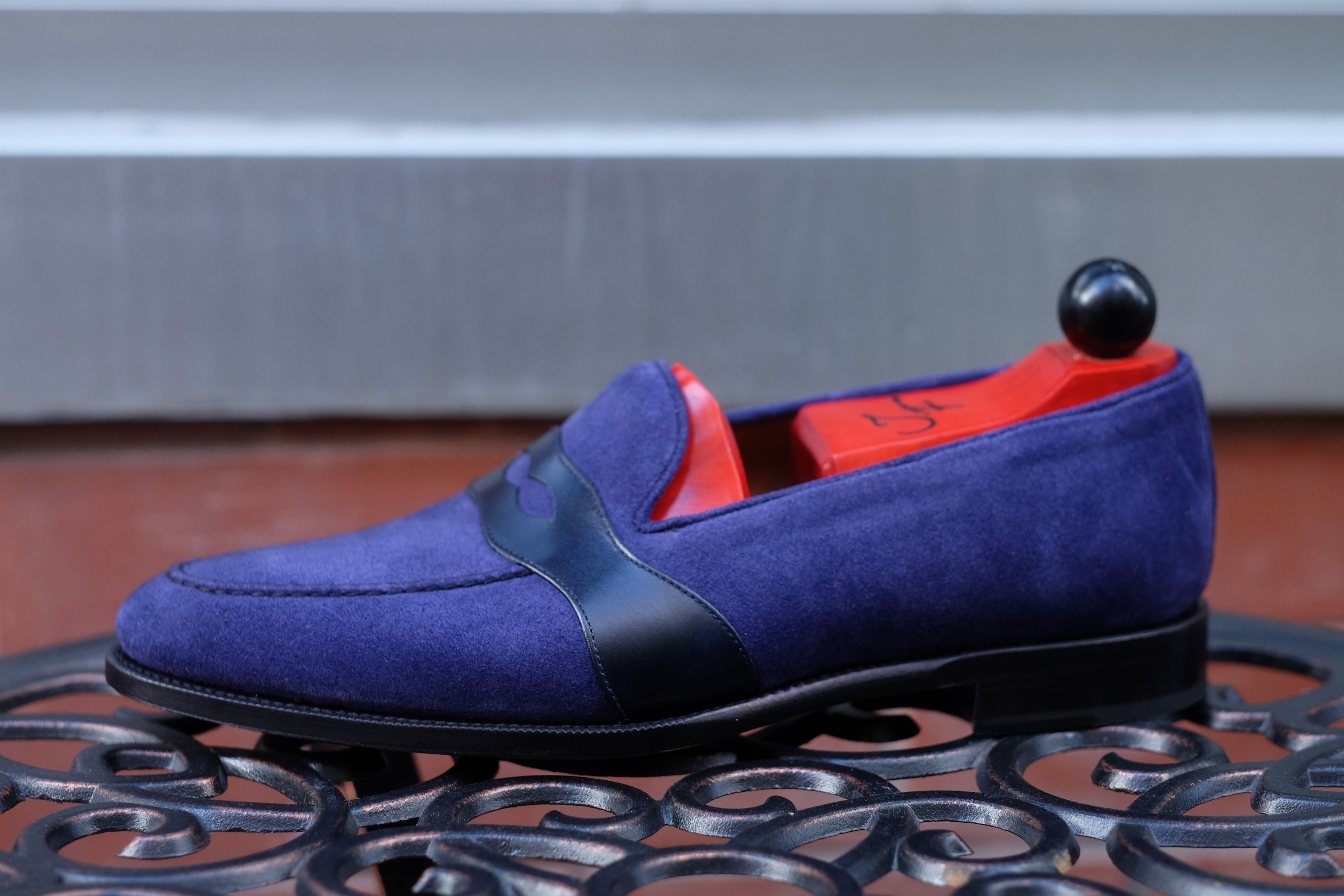 Madison - MTO - Medium Blue Suede / Blue Calf - TMG Last - Single Leather Sole-Made To Order Penny Loafer Full Strap-J.FitzPatrick Footwear