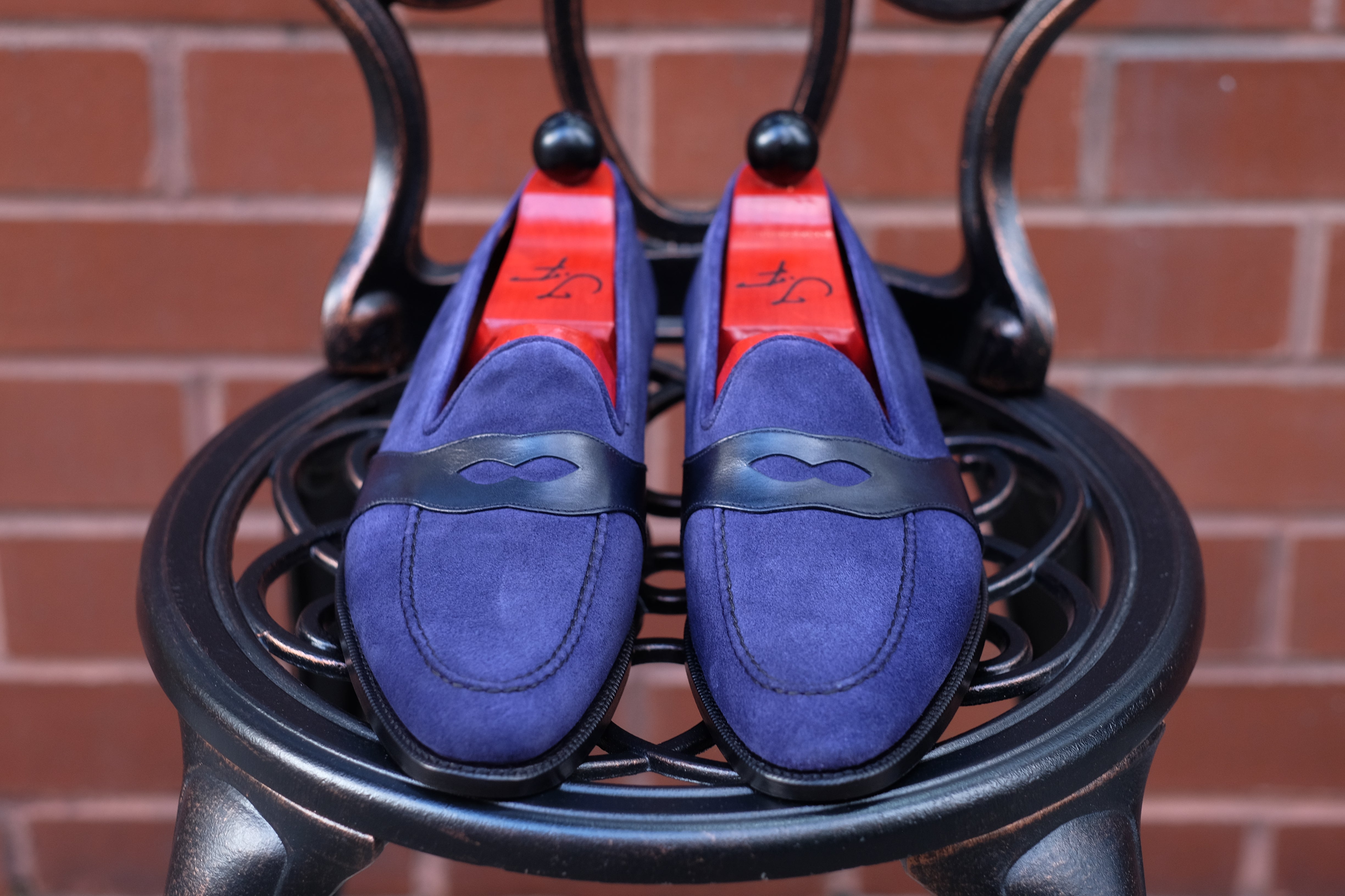Madison - MTO - Medium Blue Suede / Blue Calf - TMG Last - Single Leather Sole-Made To Order Penny Loafer Full Strap-J.FitzPatrick Footwear