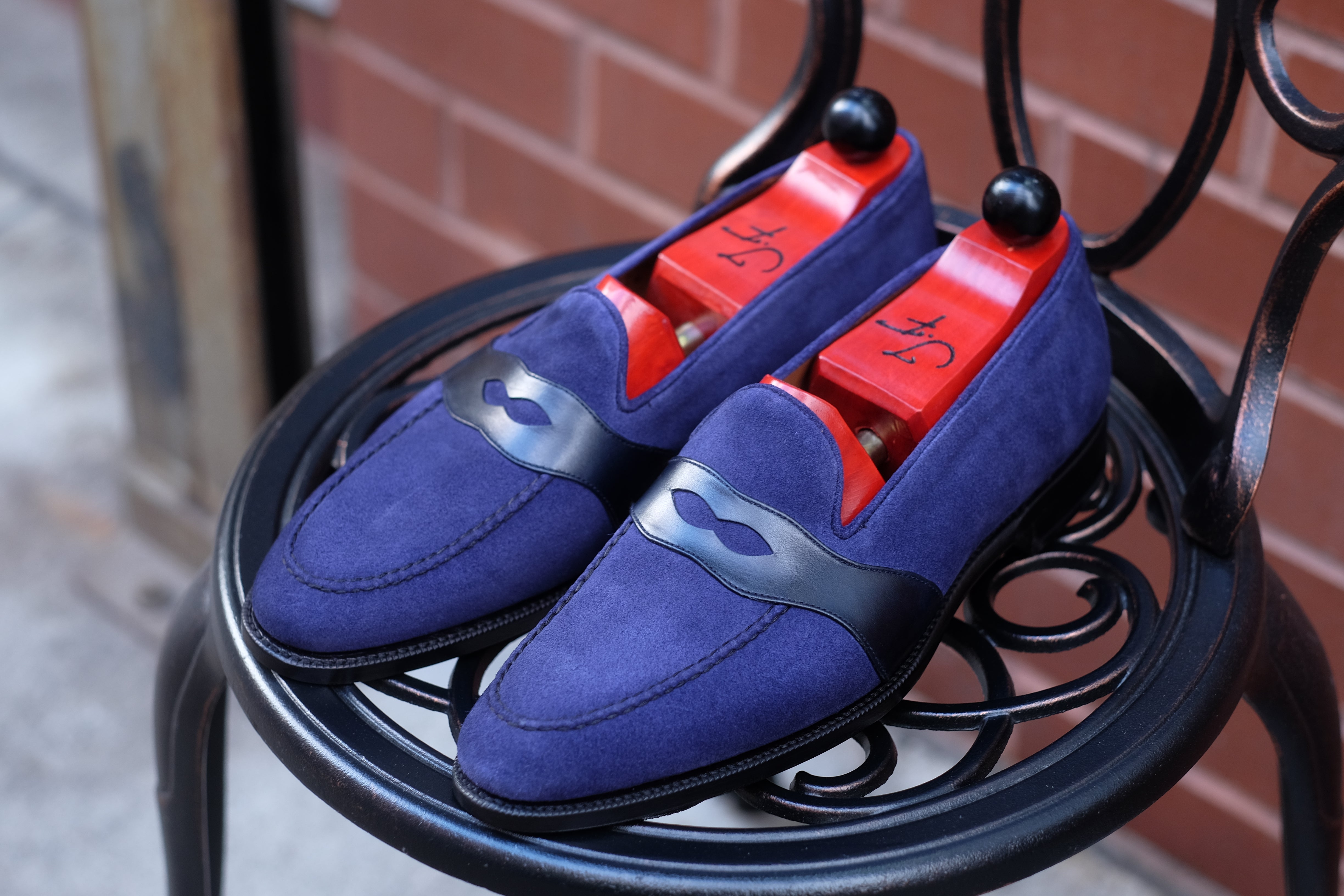 Madison - MTO - Medium Blue Suede / Blue Calf - TMG Last - Single Leather Sole-Made To Order Penny Loafer Full Strap-J.FitzPatrick Footwear