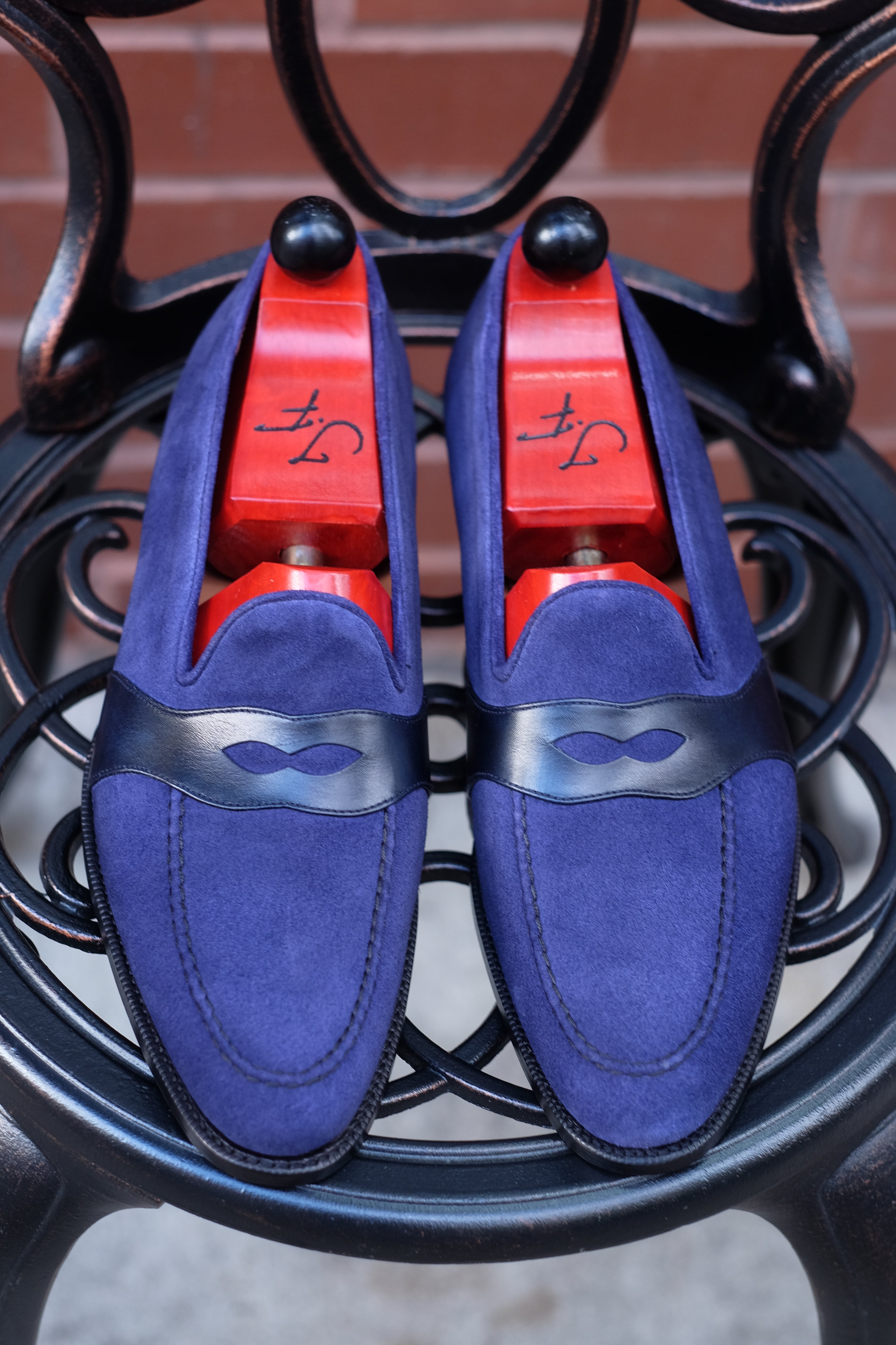Madison - MTO - Medium Blue Suede / Blue Calf - TMG Last - Single Leather Sole-Made To Order Penny Loafer Full Strap-J.FitzPatrick Footwear