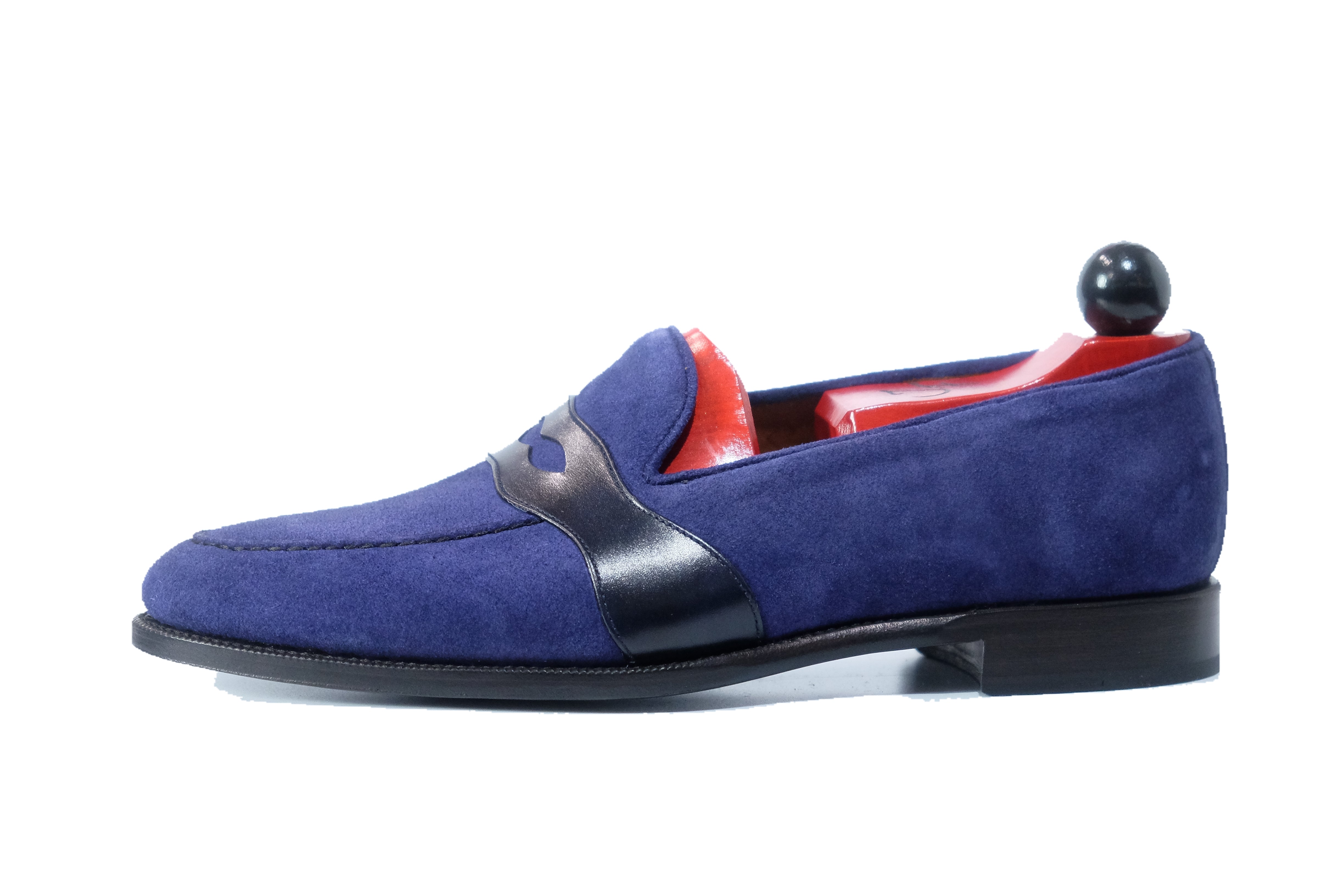 Madison - MTO - Medium Blue Suede / Blue Calf - TMG Last - Single Leather Sole-Made To Order Penny Loafer Full Strap-J.FitzPatrick Footwear