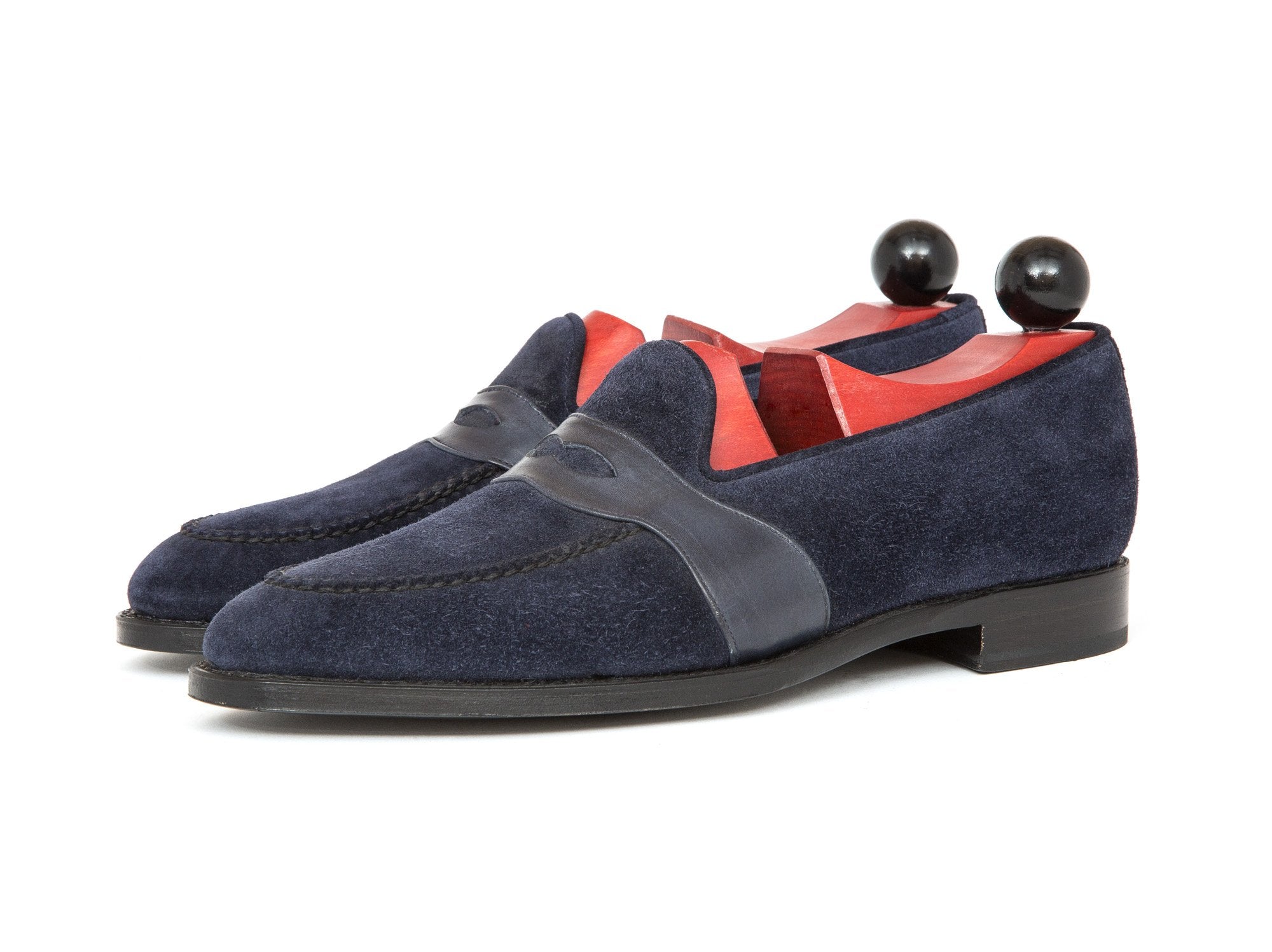 Madison - MTO - Navy Suede / Shaded Navy Calf Strap - TMG Last - Single Leather Sole-Made To Order Penny Loafer Full Strap-J.FitzPatrick Footwear