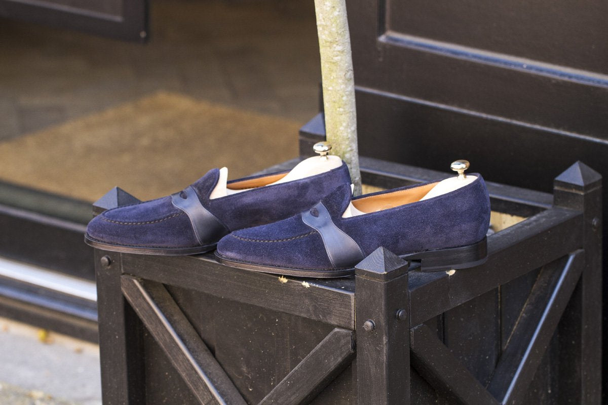 Madison - MTO - Navy Suede / Shaded Navy Calf Strap - TMG Last - Single Leather Sole-Made To Order Penny Loafer Full Strap-J.FitzPatrick Footwear