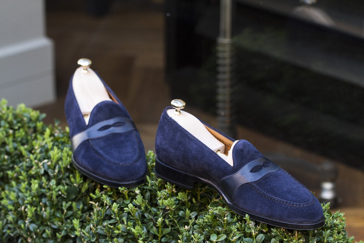 Madison - MTO - Navy Suede / Shaded Navy Calf Strap - TMG Last - Single Leather Sole-Made To Order Penny Loafer Full Strap-J.FitzPatrick Footwear