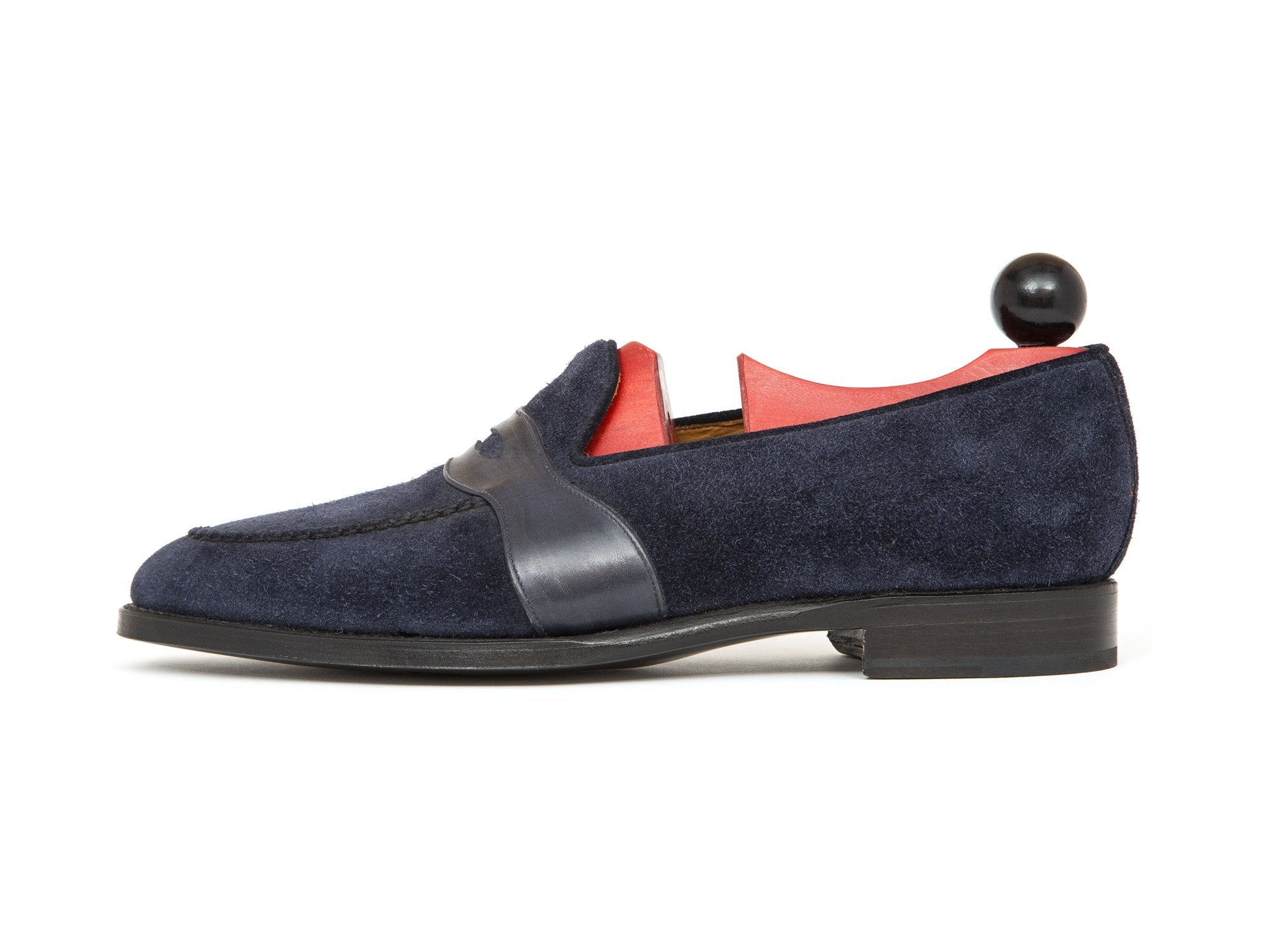 Madison - MTO - Navy Suede / Shaded Navy Calf Strap - TMG Last - Single Leather Sole-Made To Order Penny Loafer Full Strap-J.FitzPatrick Footwear