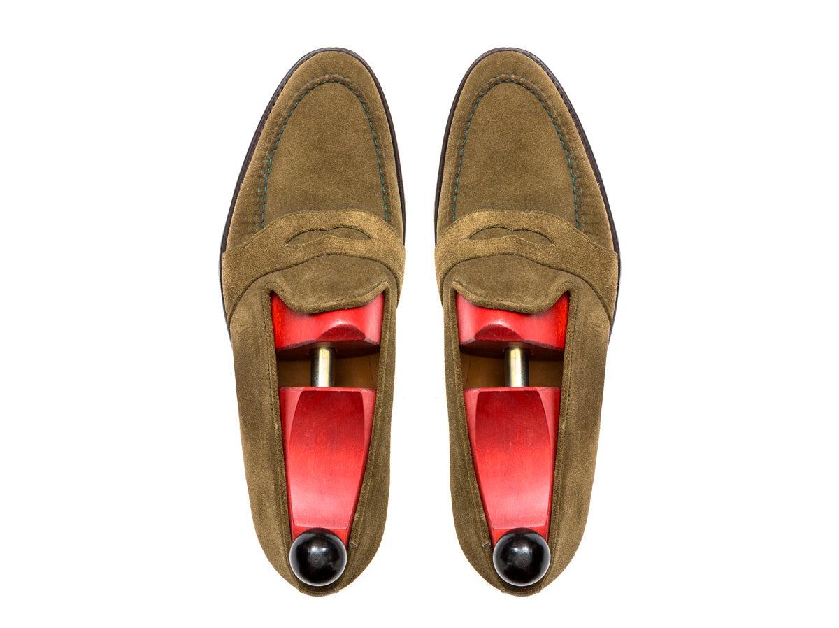 Madison - MTO - Olive Suede - TMG Last - Single Leather Sole-Made To Order Penny Loafer Full Strap-J.FitzPatrick Footwear