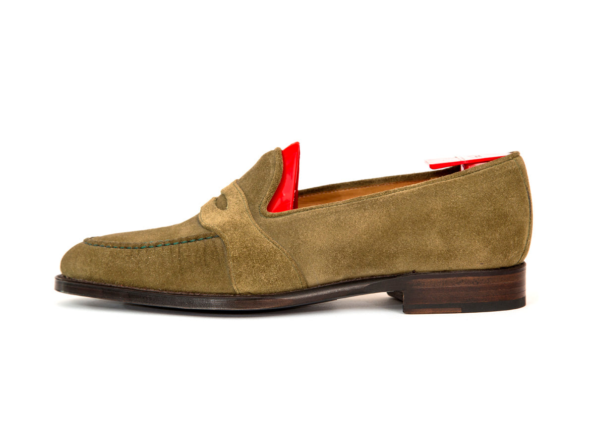 Madison - MTO - Olive Suede - TMG Last - Single Leather Sole-Made To Order Penny Loafer Full Strap-J.FitzPatrick Footwear