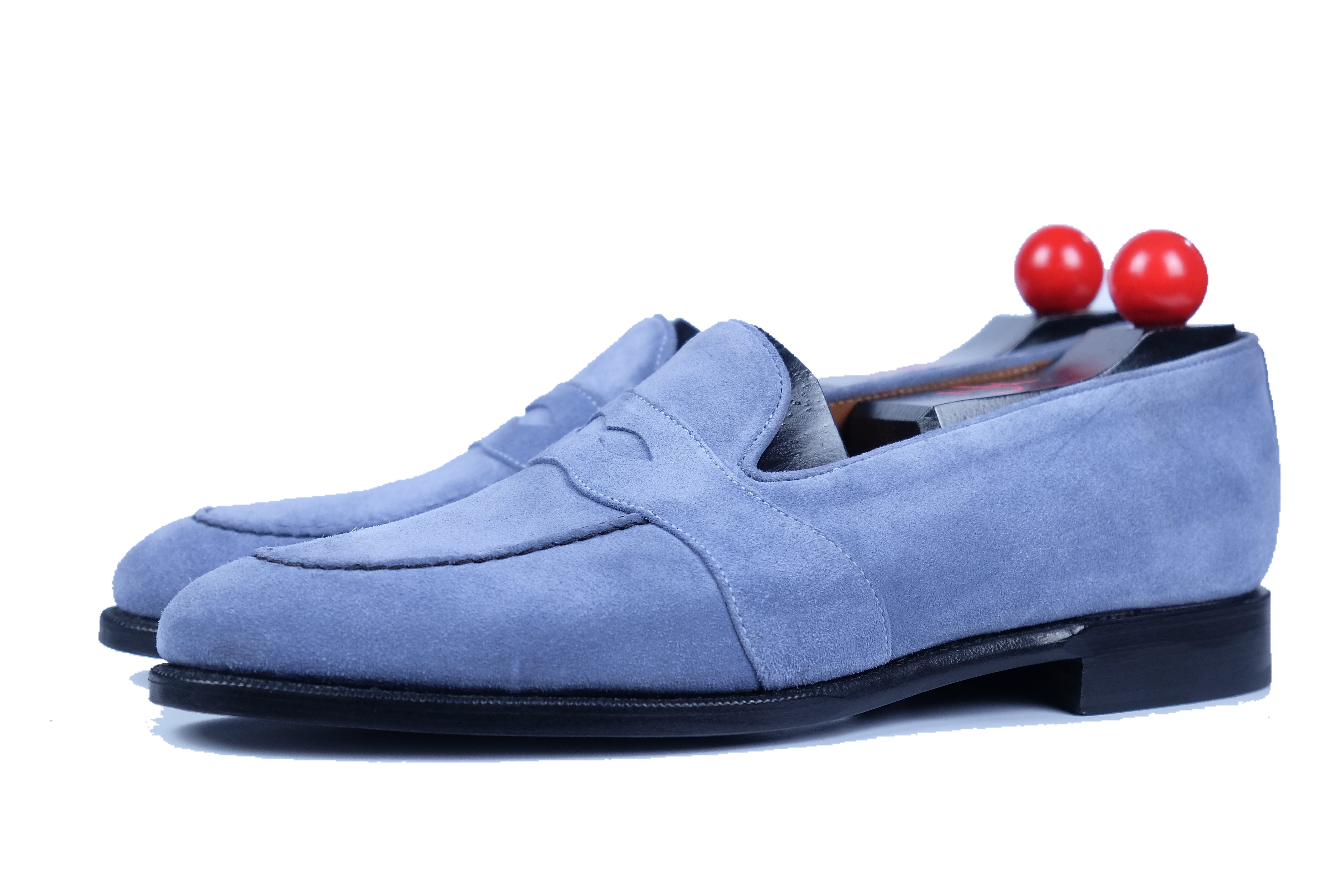 Madison - MTO - Powder Blue Suede - TMG Last - Single Leather Sole-Made To Order Penny Loafer Full Strap-J.FitzPatrick Footwear