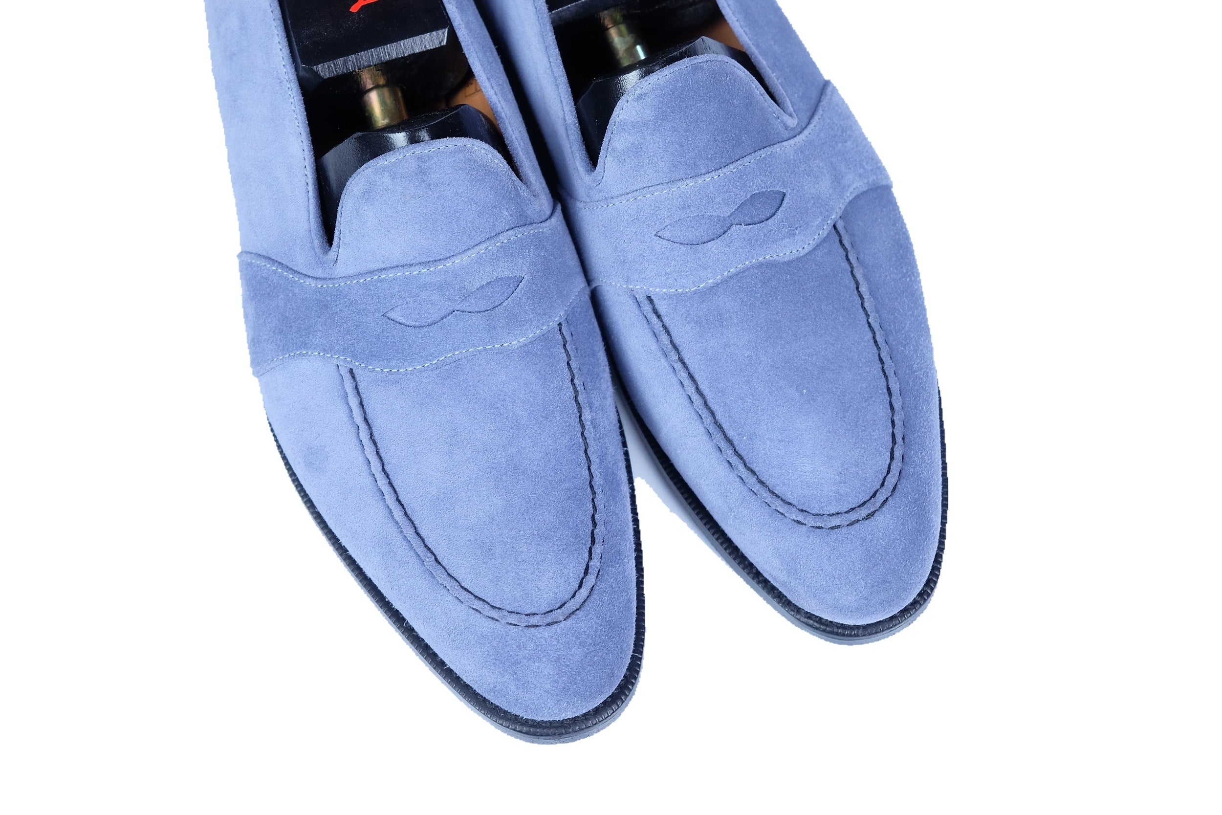 Madison - MTO - Powder Blue Suede - TMG Last - Single Leather Sole-Made To Order Penny Loafer Full Strap-J.FitzPatrick Footwear