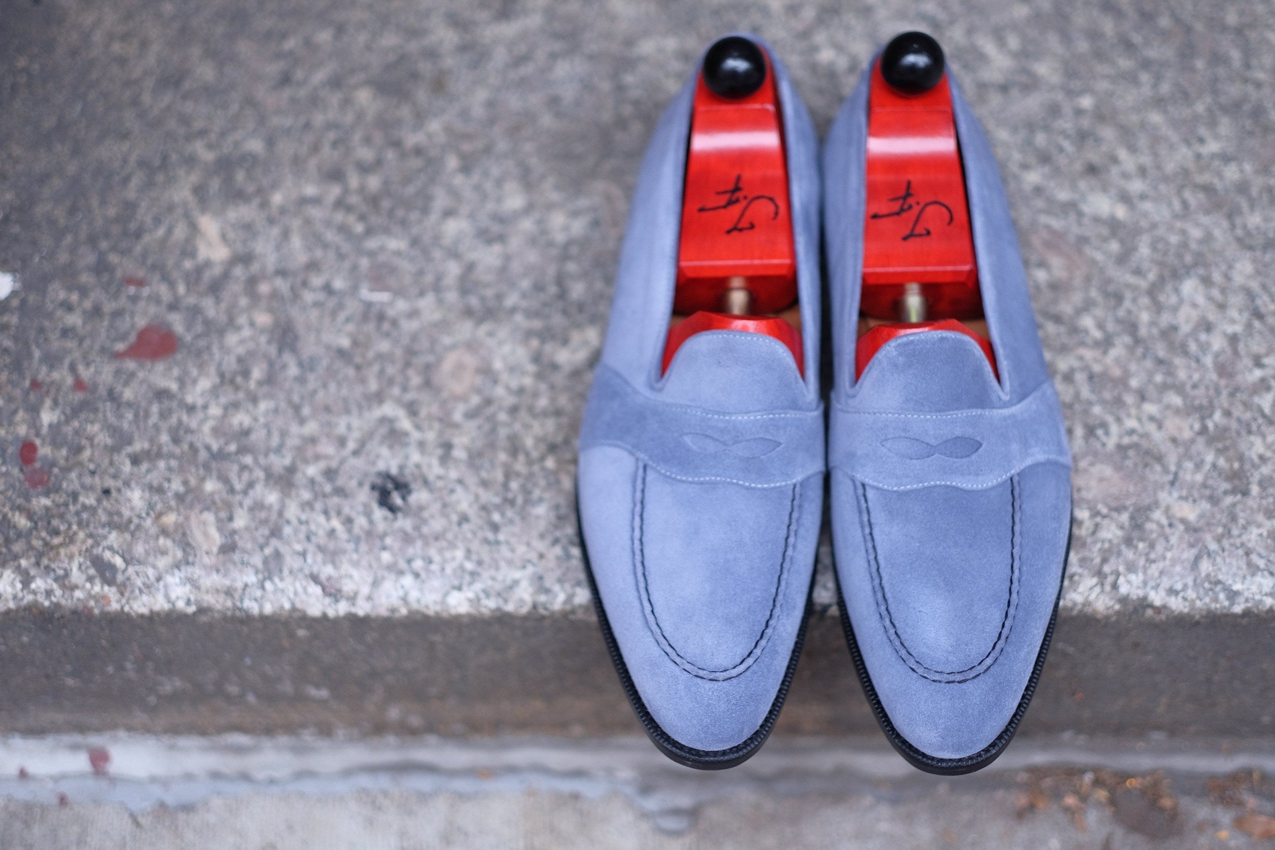 Madison - MTO - Powder Blue Suede - TMG Last - Single Leather Sole-Made To Order Penny Loafer Full Strap-J.FitzPatrick Footwear