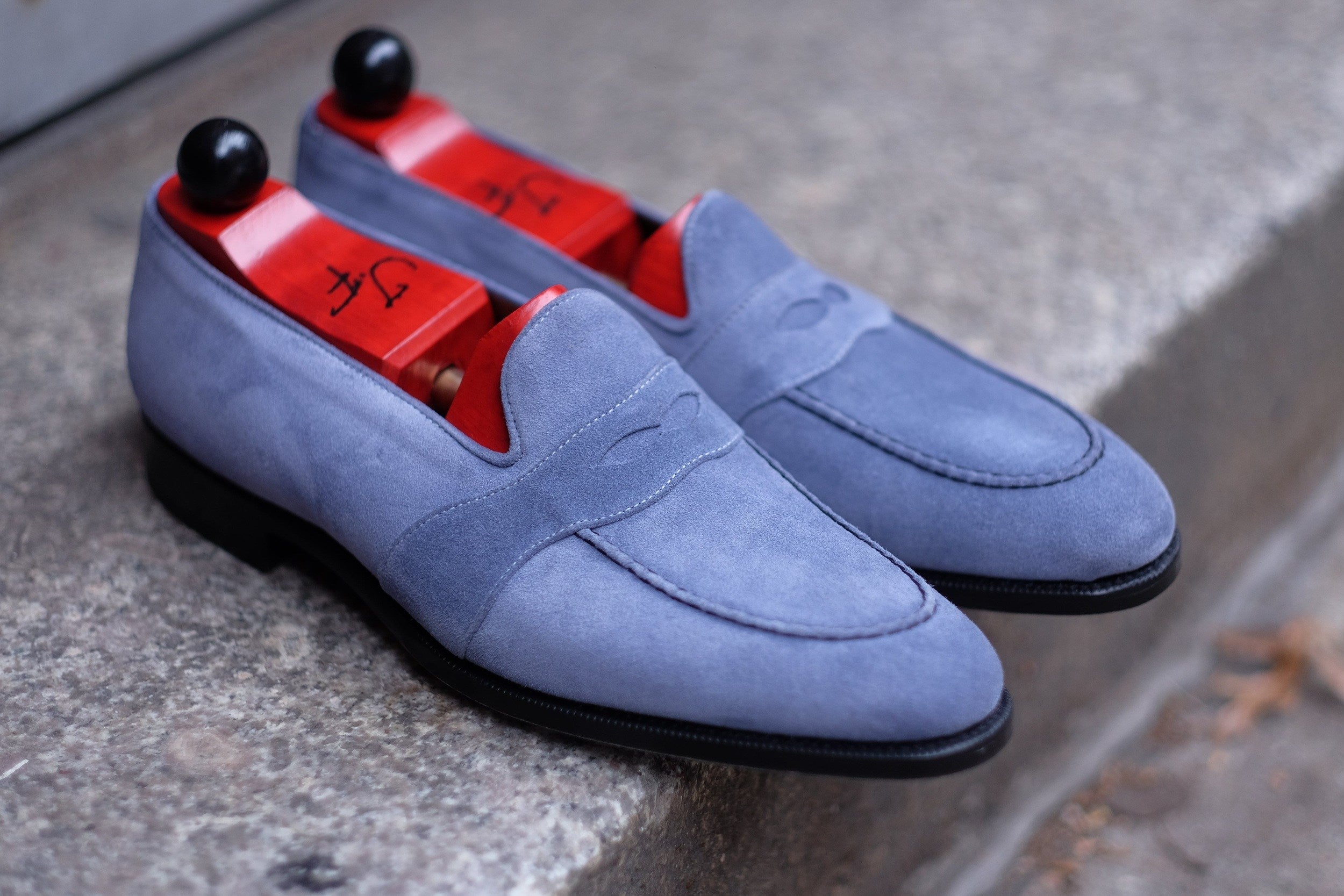 Madison - MTO - Powder Blue Suede - TMG Last - Single Leather Sole-Made To Order Penny Loafer Full Strap-J.FitzPatrick Footwear