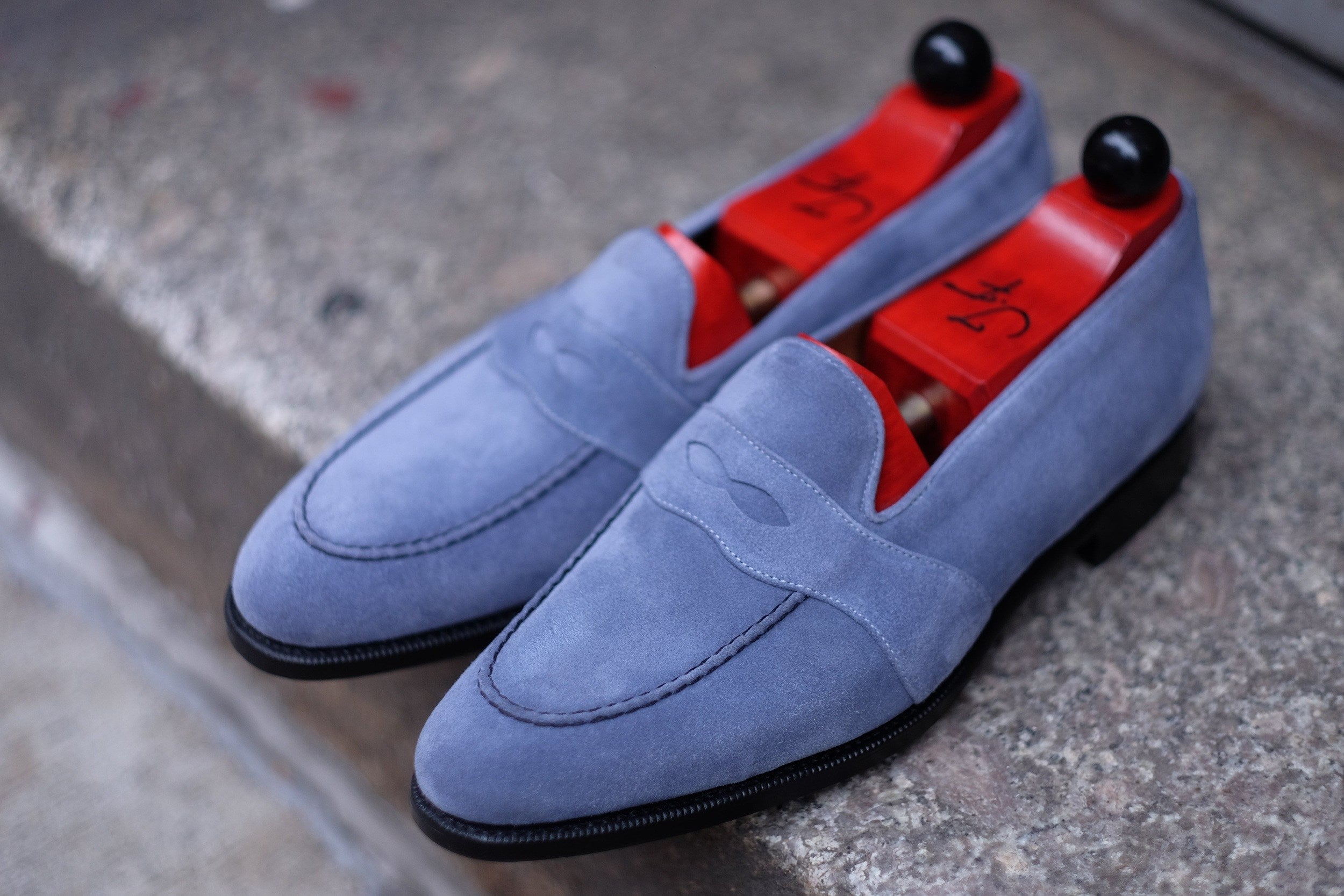 Madison - MTO - Powder Blue Suede - TMG Last - Single Leather Sole-Made To Order Penny Loafer Full Strap-J.FitzPatrick Footwear