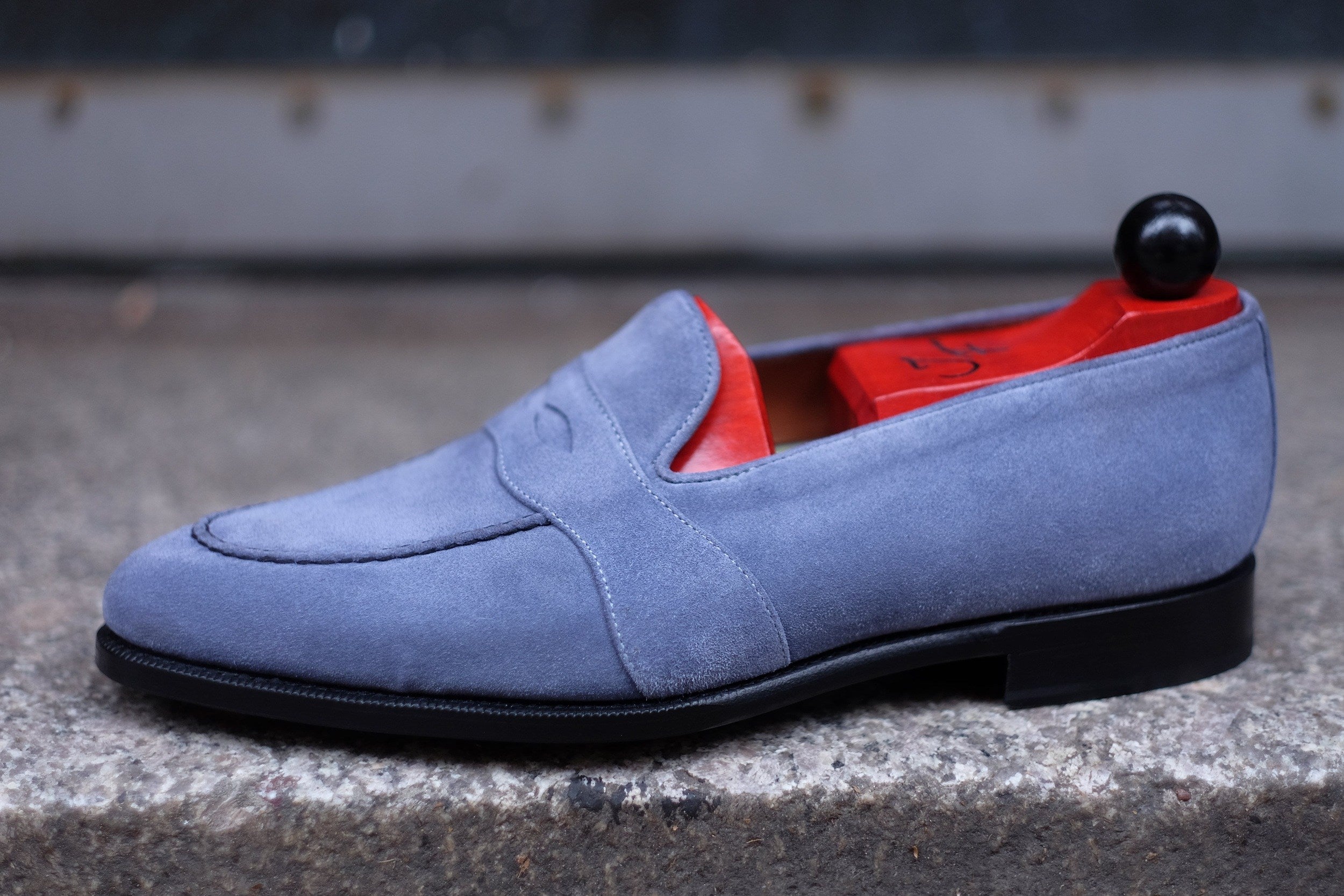 Madison - MTO - Powder Blue Suede - TMG Last - Single Leather Sole-Made To Order Penny Loafer Full Strap-J.FitzPatrick Footwear