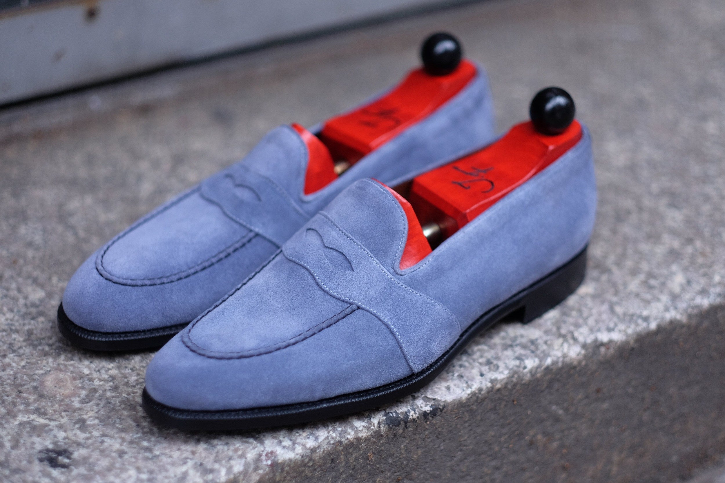 Madison - MTO - Powder Blue Suede - TMG Last - Single Leather Sole-Made To Order Penny Loafer Full Strap-J.FitzPatrick Footwear