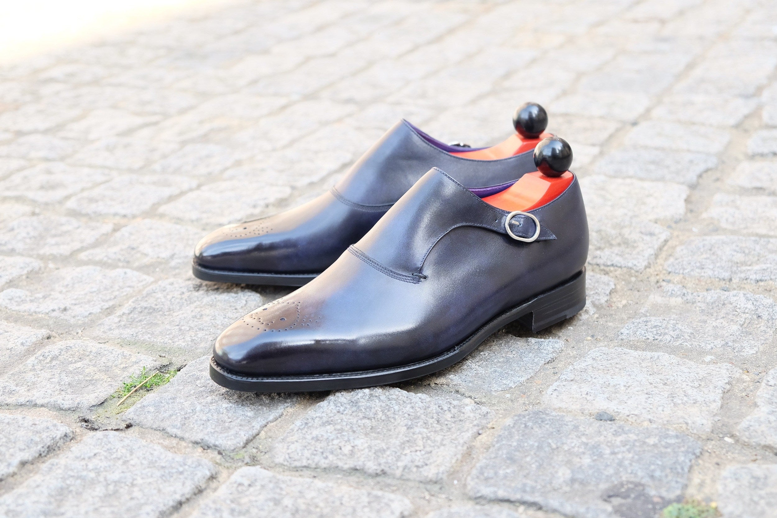 Madrona - MTO - Navy Museum Calf - Custom Medallion-Made To Order Single Monkstrap Plain Toe-J.FitzPatrick Footwear