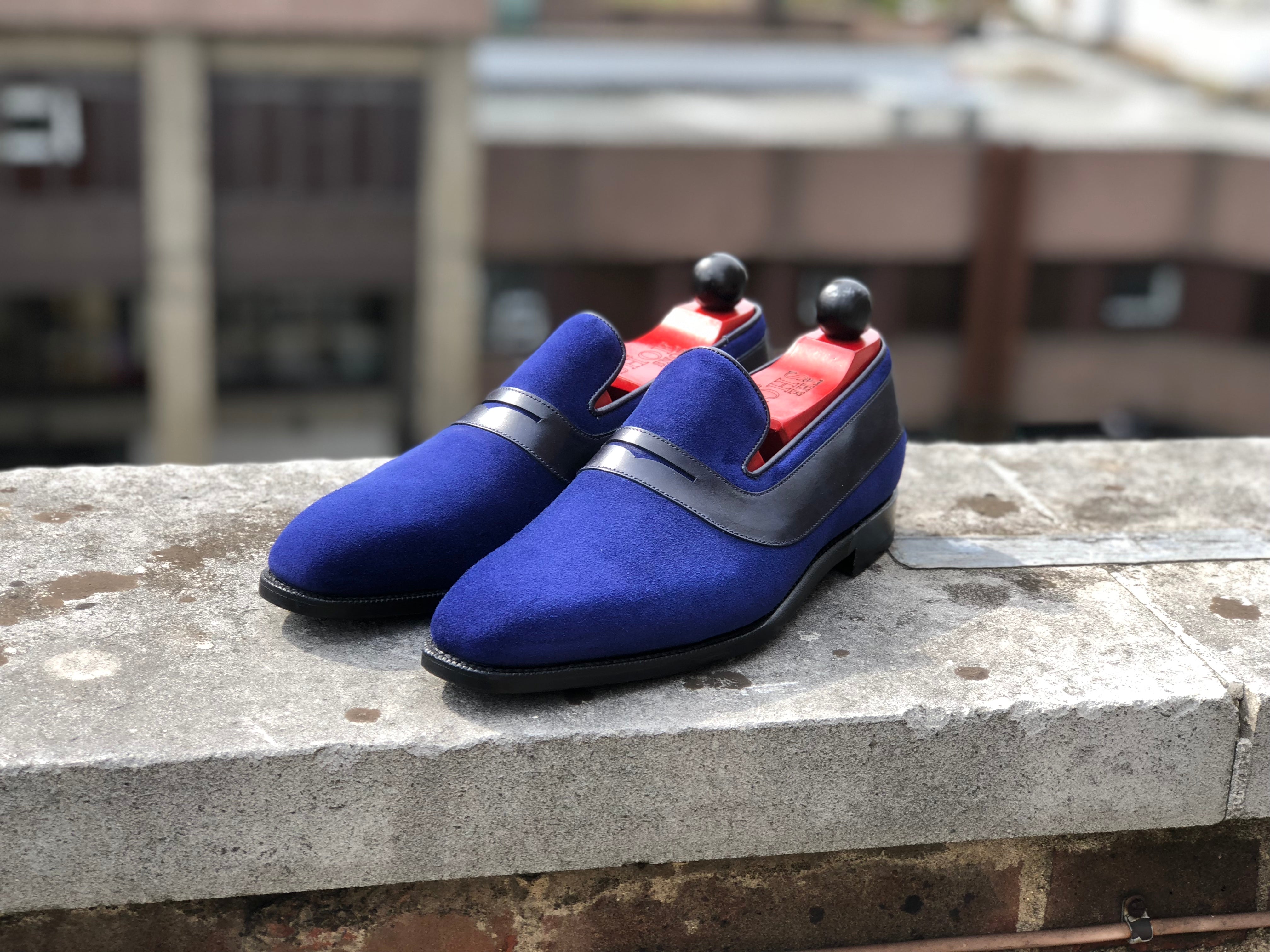Marcos - MTO - Vivid Blue Suede / Black Calf - LPB Last - Single Leather Sole-Made To Order Strap Loafer-J.FitzPatrick Footwear