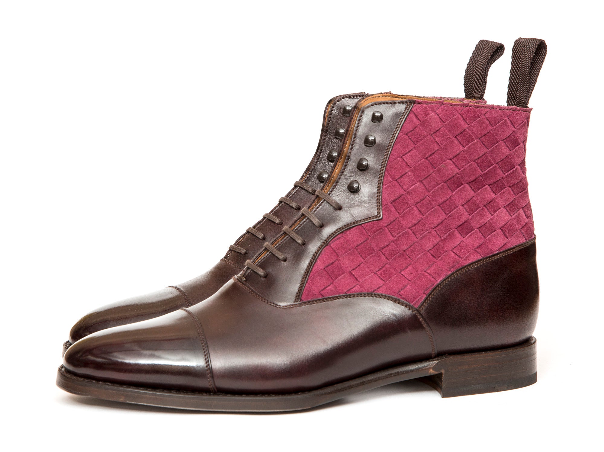 Meadowbrook - MTO - Plum Museum Calf / Raspberry Braided Suede - TMG Last - Single Leather Sole-Made To Order Cap Toe Lace Laceup Boot-J.FitzPatrick Footwear