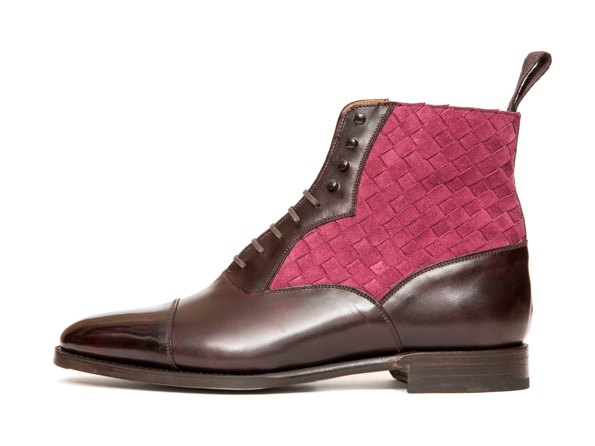 Meadowbrook - MTO - Plum Museum Calf / Raspberry Braided Suede - TMG Last - Single Leather Sole-Made To Order Cap Toe Lace Laceup Boot-J.FitzPatrick Footwear