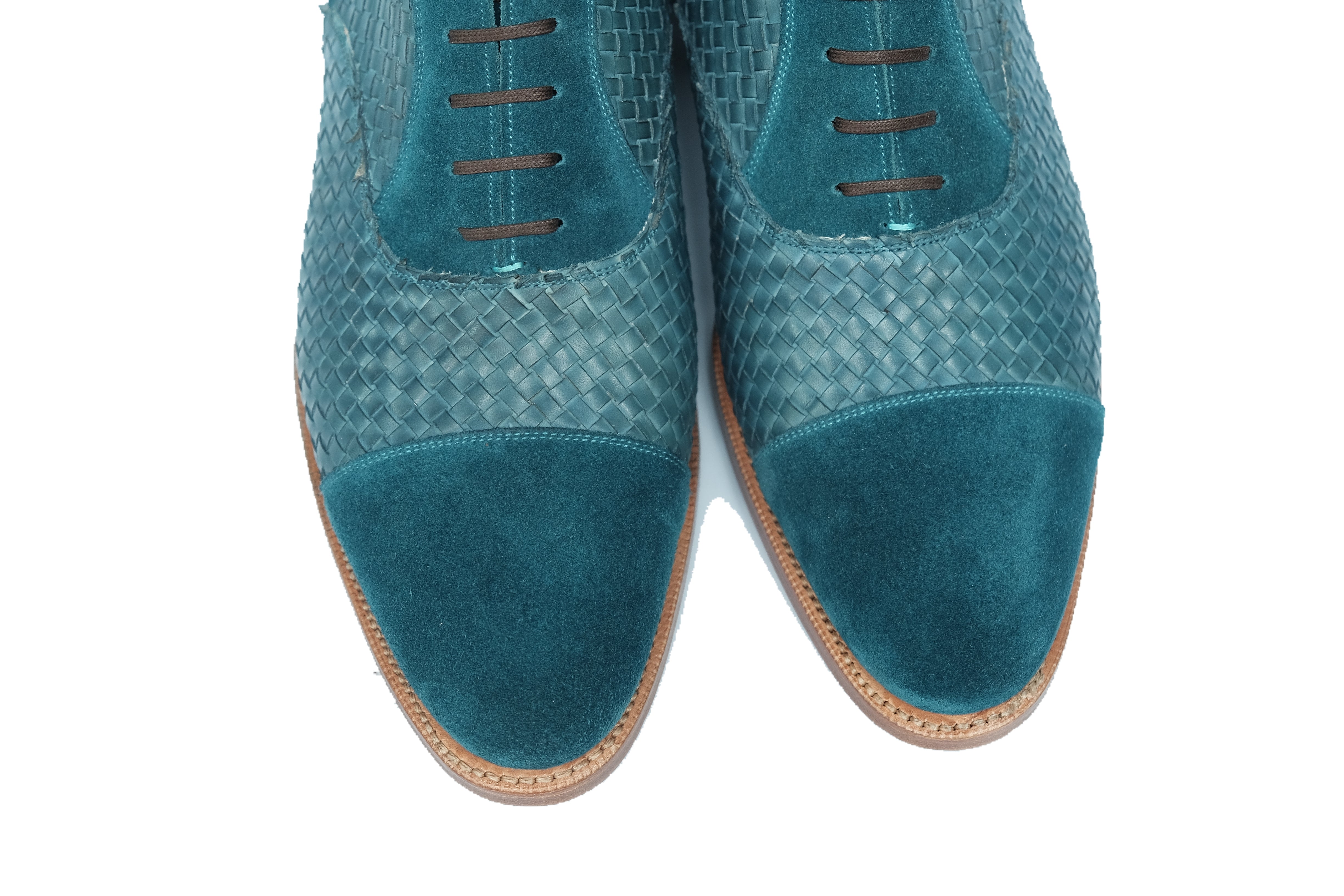 Meadowbrook - MTO - Teal Suede / Braided Teal Suede - TMG Last - Brass Hardware - Single Leather Sole-Made To Order Cap Toe Lace Laceup Boot-J.FitzPatrick Footwear
