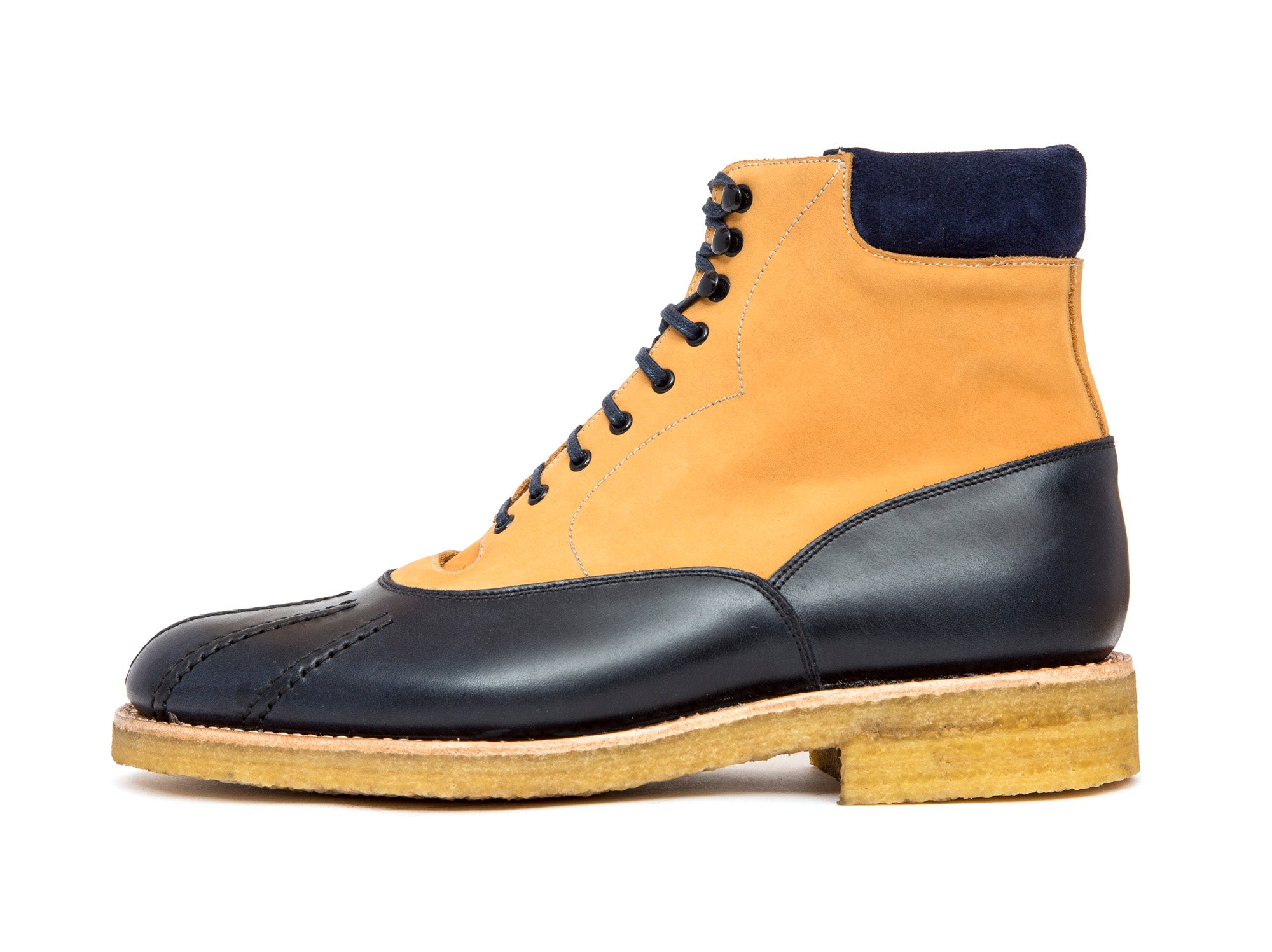Mercer - MTO - Navy Calf / Tan Nubuck - TMG Last - Crepe Rubber Sole-Made To Order Lace Laceup Duck Boot-J.FitzPatrick Footwear