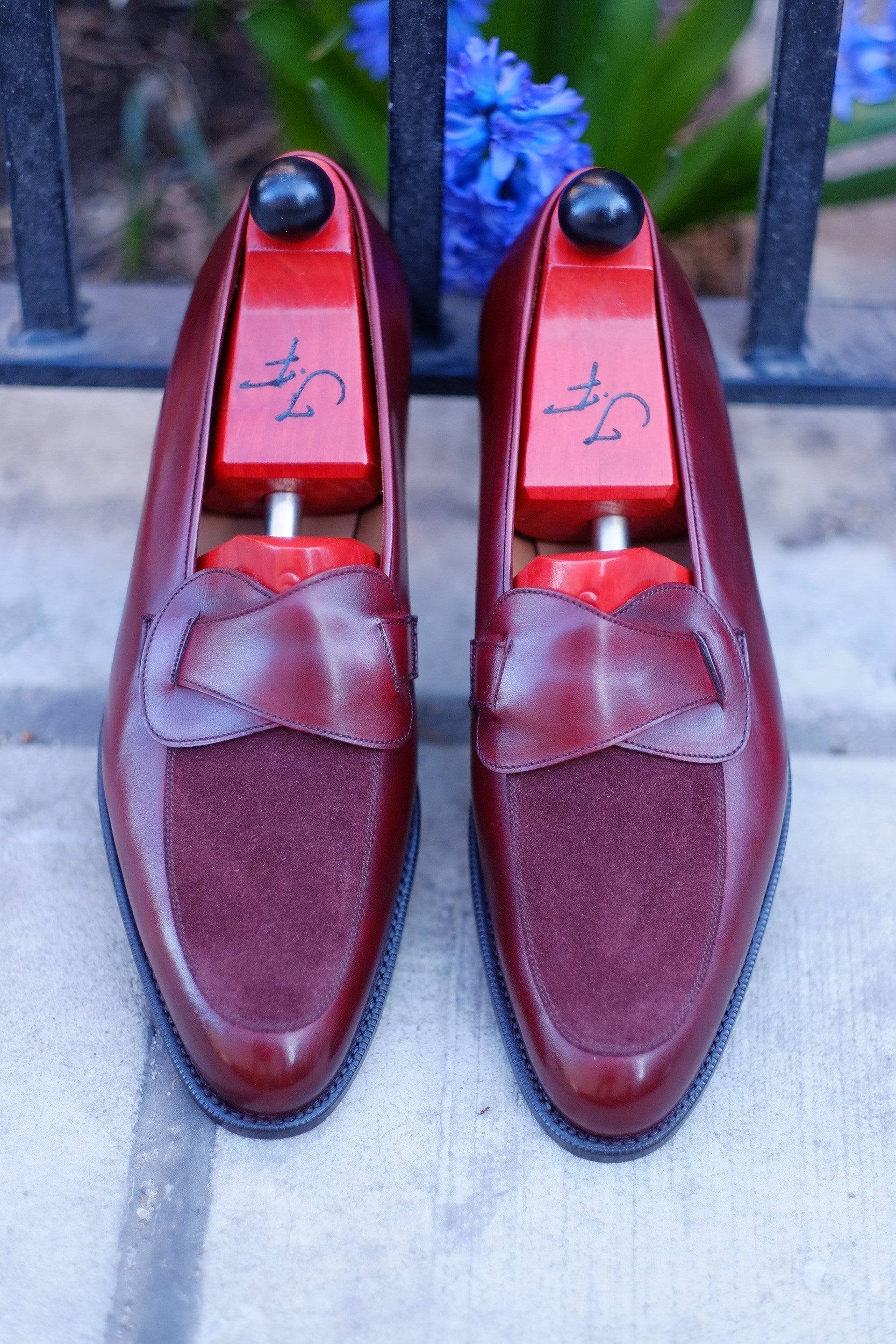 Meridian - MTO - Burgundy Calf / Burgundy Suede - TMG Last - Single Leather Sole-Made To Order Butterfly Loafer-J.FitzPatrick Footwear