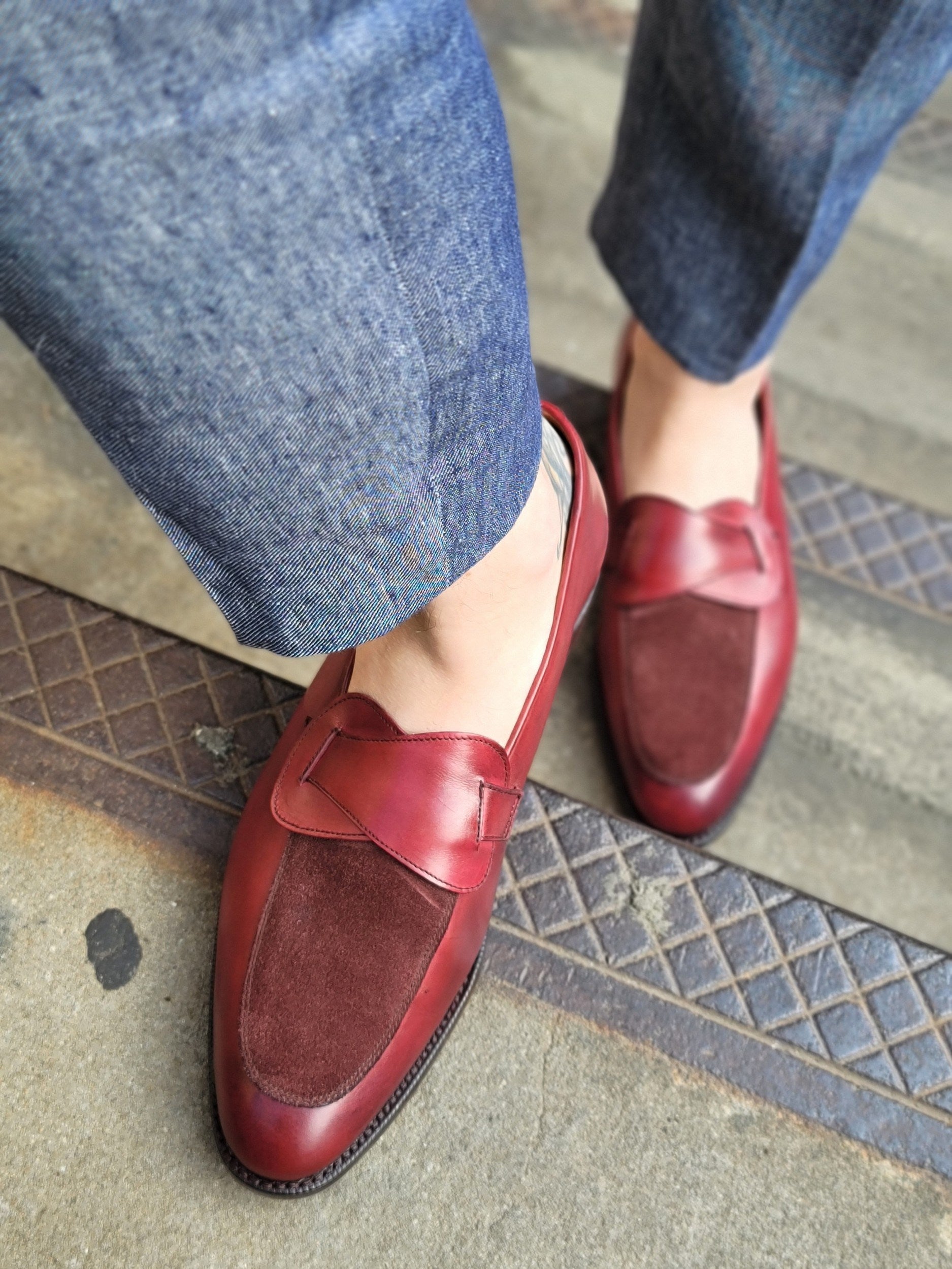 Meridian - MTO - Burgundy Calf / Burgundy Suede - TMG Last - Single Leather Sole-Made To Order Butterfly Loafer-J.FitzPatrick Footwear