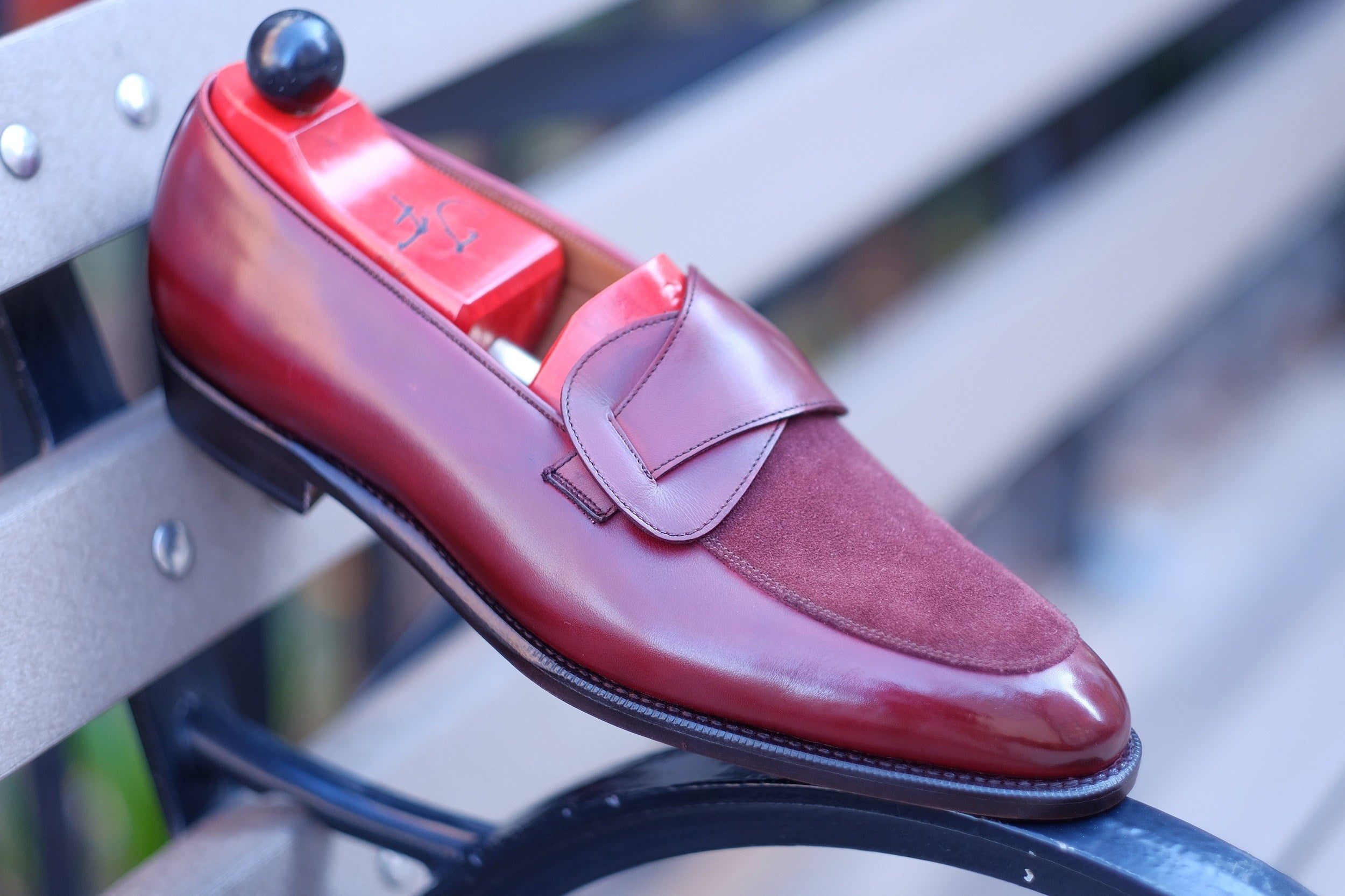 Meridian - MTO - Burgundy Calf / Burgundy Suede - TMG Last - Single Leather Sole-Made To Order Butterfly Loafer-J.FitzPatrick Footwear