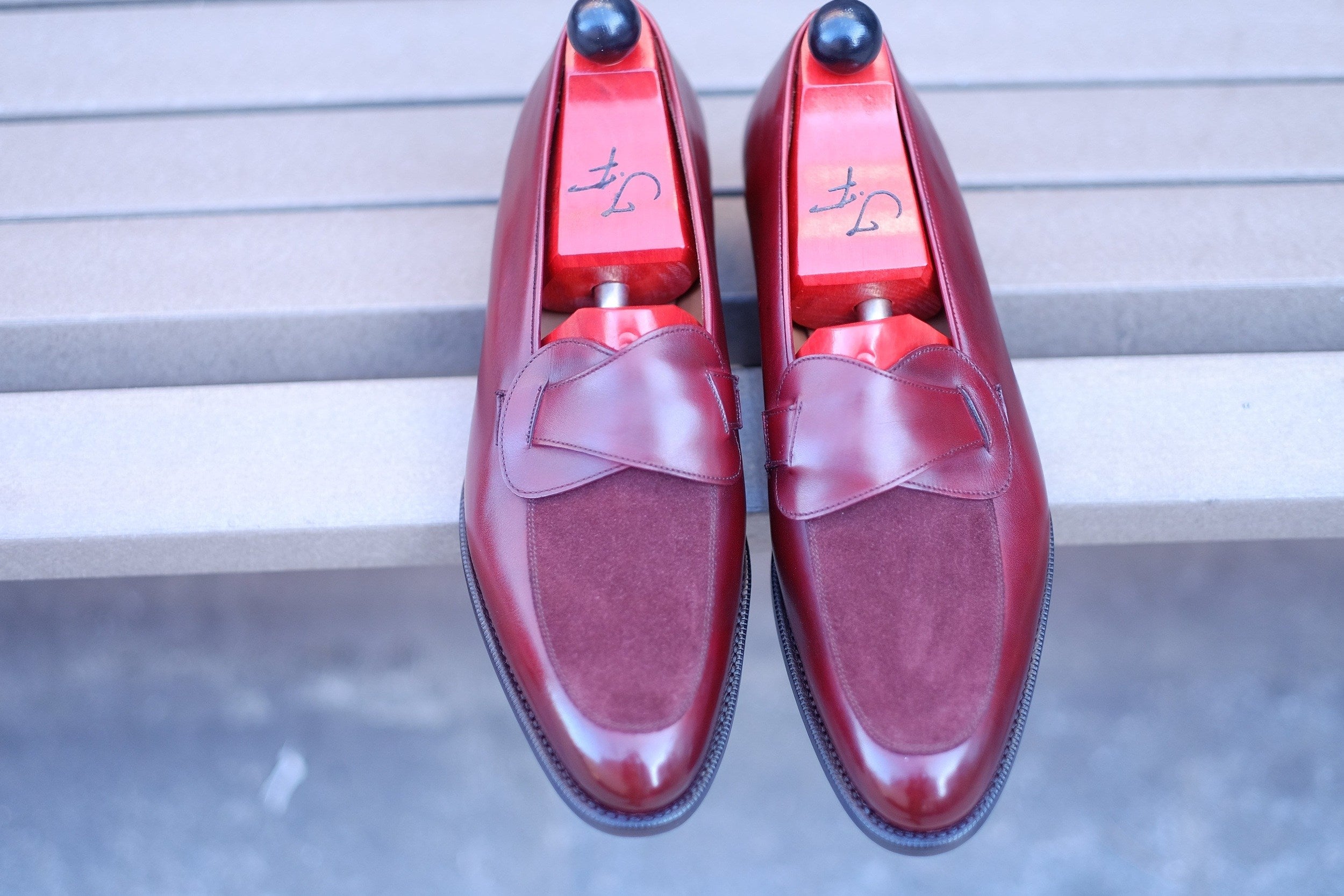 Meridian - MTO - Burgundy Calf / Burgundy Suede - TMG Last - Single Leather Sole-Made To Order Butterfly Loafer-J.FitzPatrick Footwear