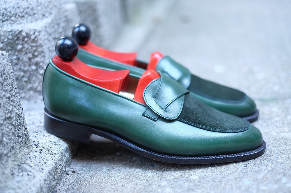 Meridian - MTO - Forest Green Calf / Forest Green Suede - TMG Last - Single Leather Sole-Made To Order Butterfly Loafer-J.FitzPatrick Footwear