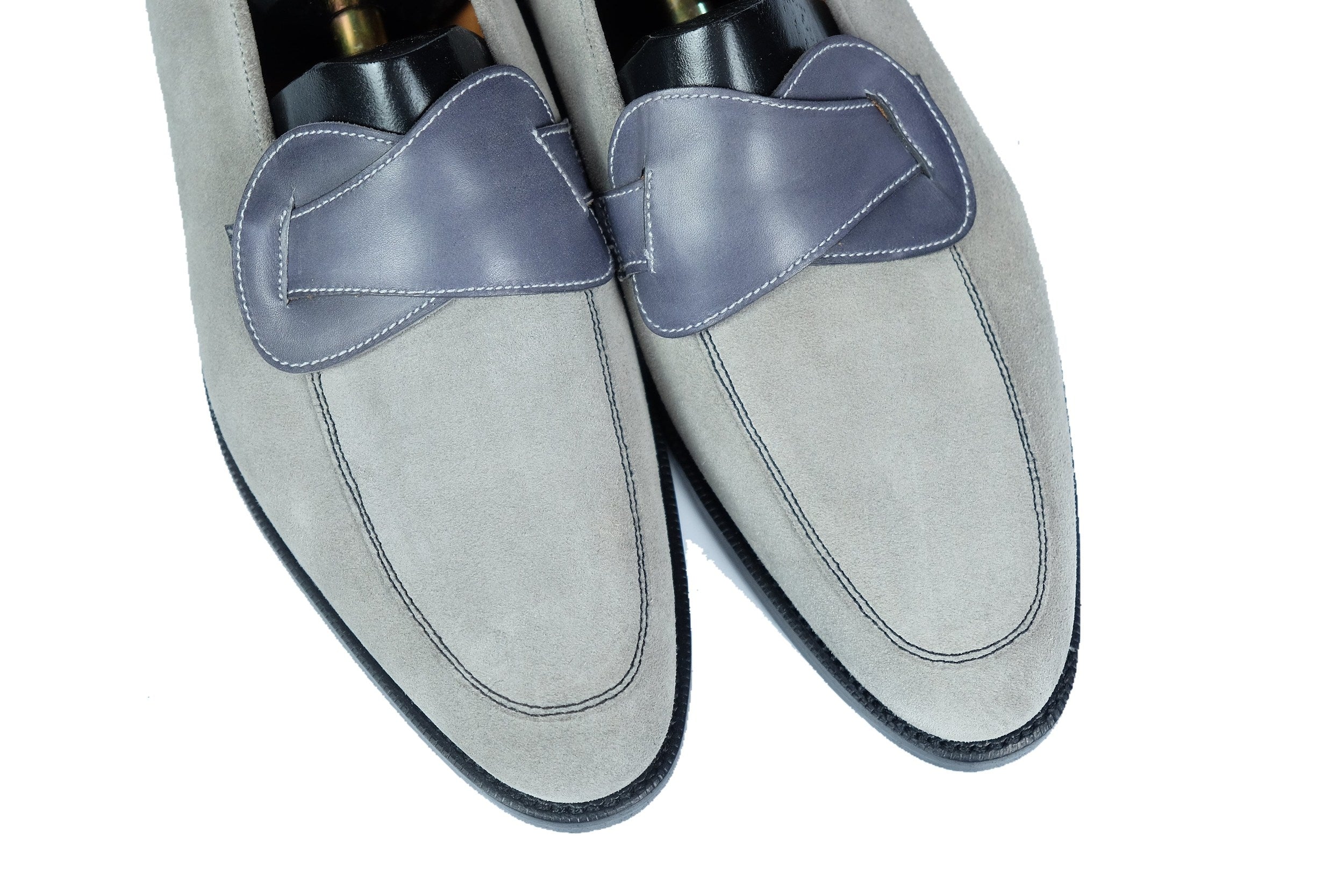 Meridian - MTO - Light Grey Suede / Shaded Grey Calf - TMG Last - Single Leather Sole-Made To Order Butterfly Loafer-J.FitzPatrick Footwear