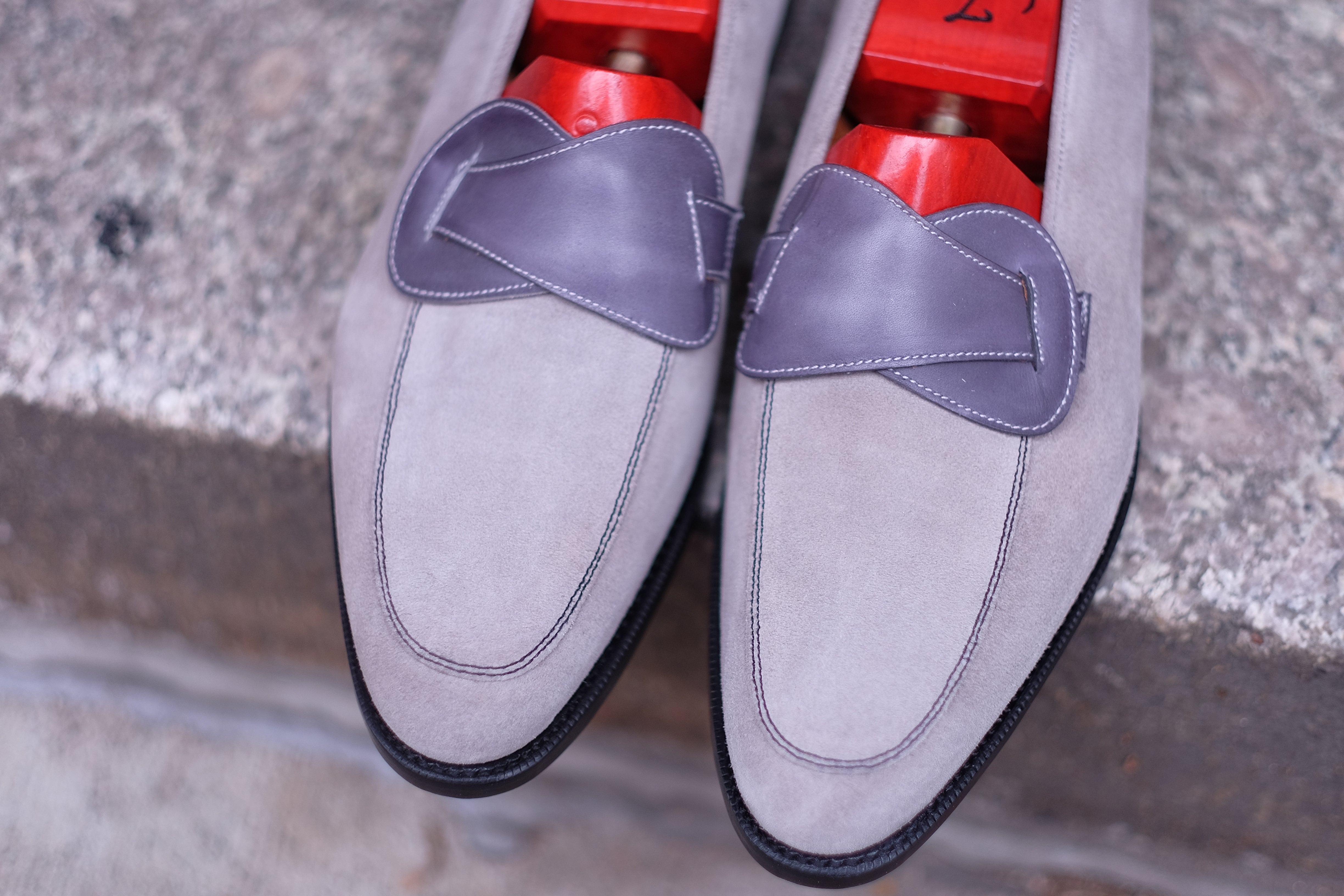 Meridian - MTO - Light Grey Suede / Shaded Grey Calf - TMG Last - Single Leather Sole-Made To Order Butterfly Loafer-J.FitzPatrick Footwear
