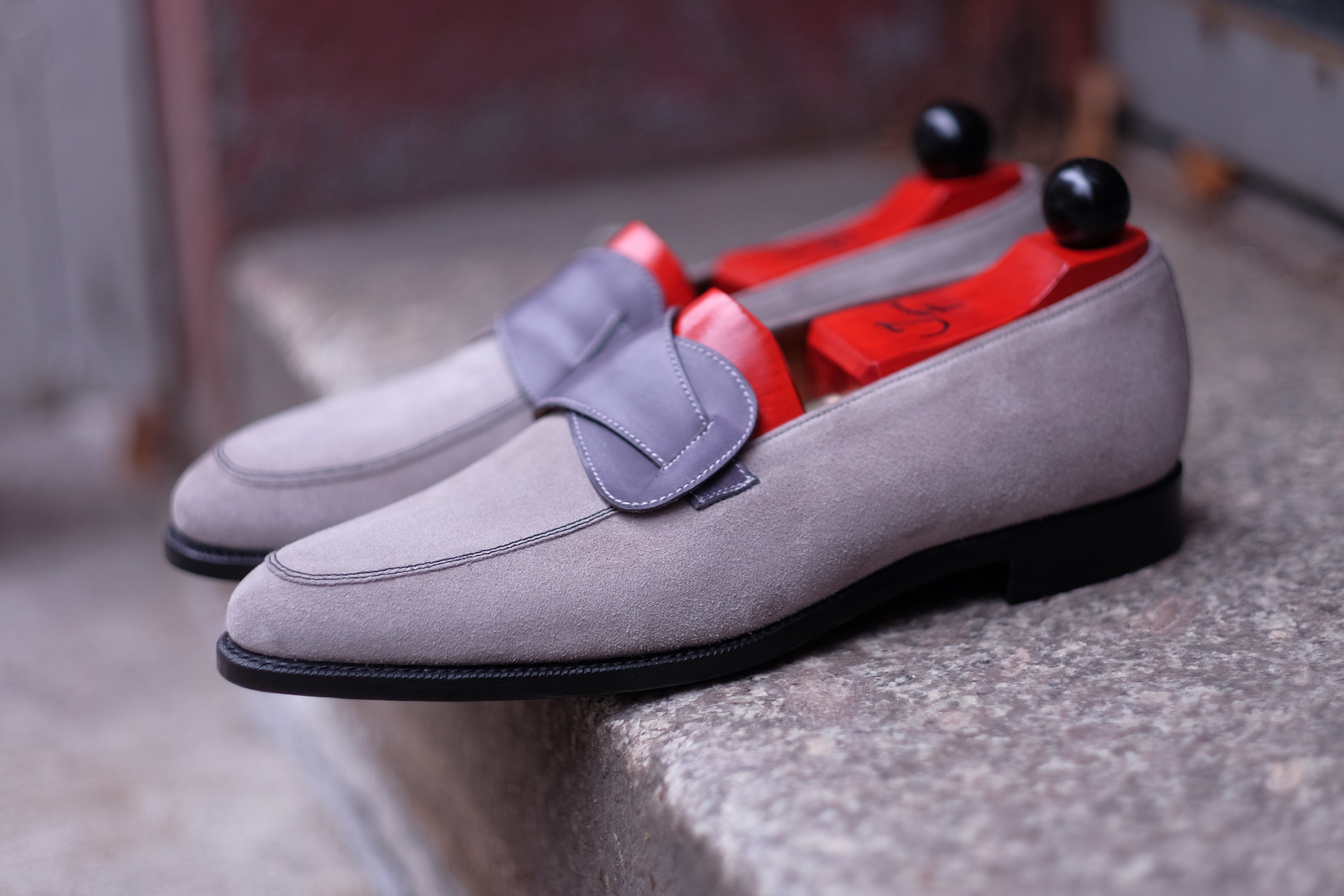 Meridian - MTO - Light Grey Suede / Shaded Grey Calf - TMG Last - Single Leather Sole-Made To Order Butterfly Loafer-J.FitzPatrick Footwear