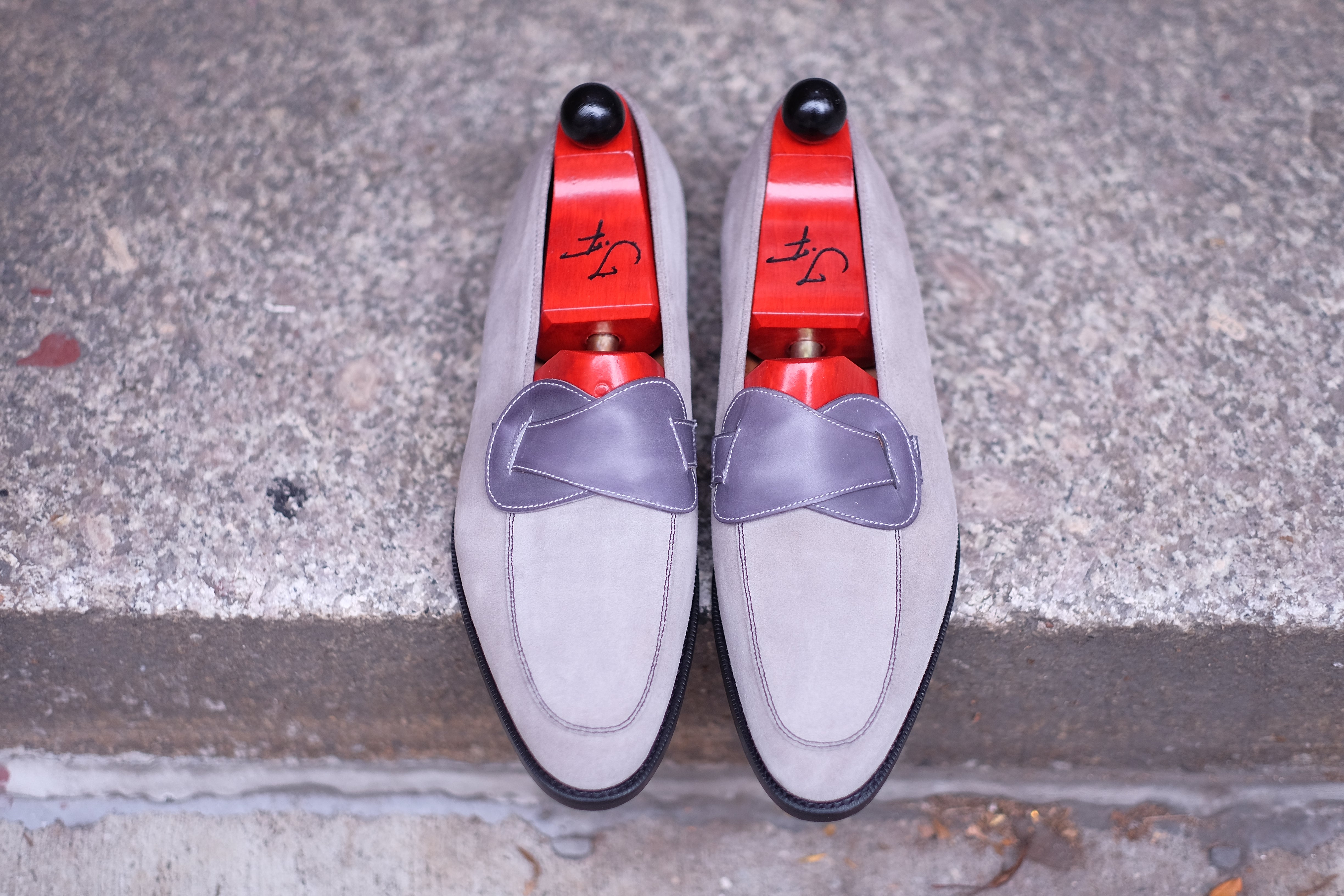 Meridian - MTO - Light Grey Suede / Shaded Grey Calf - TMG Last - Single Leather Sole-Made To Order Butterfly Loafer-J.FitzPatrick Footwear