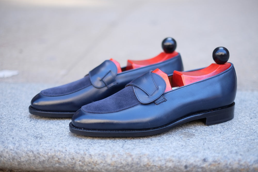 Meridian - MTO - Midnight Calf / Navy Suede - TMG Last - Single Leather Sole-Made To Order Butterfly Loafer-J.FitzPatrick Footwear